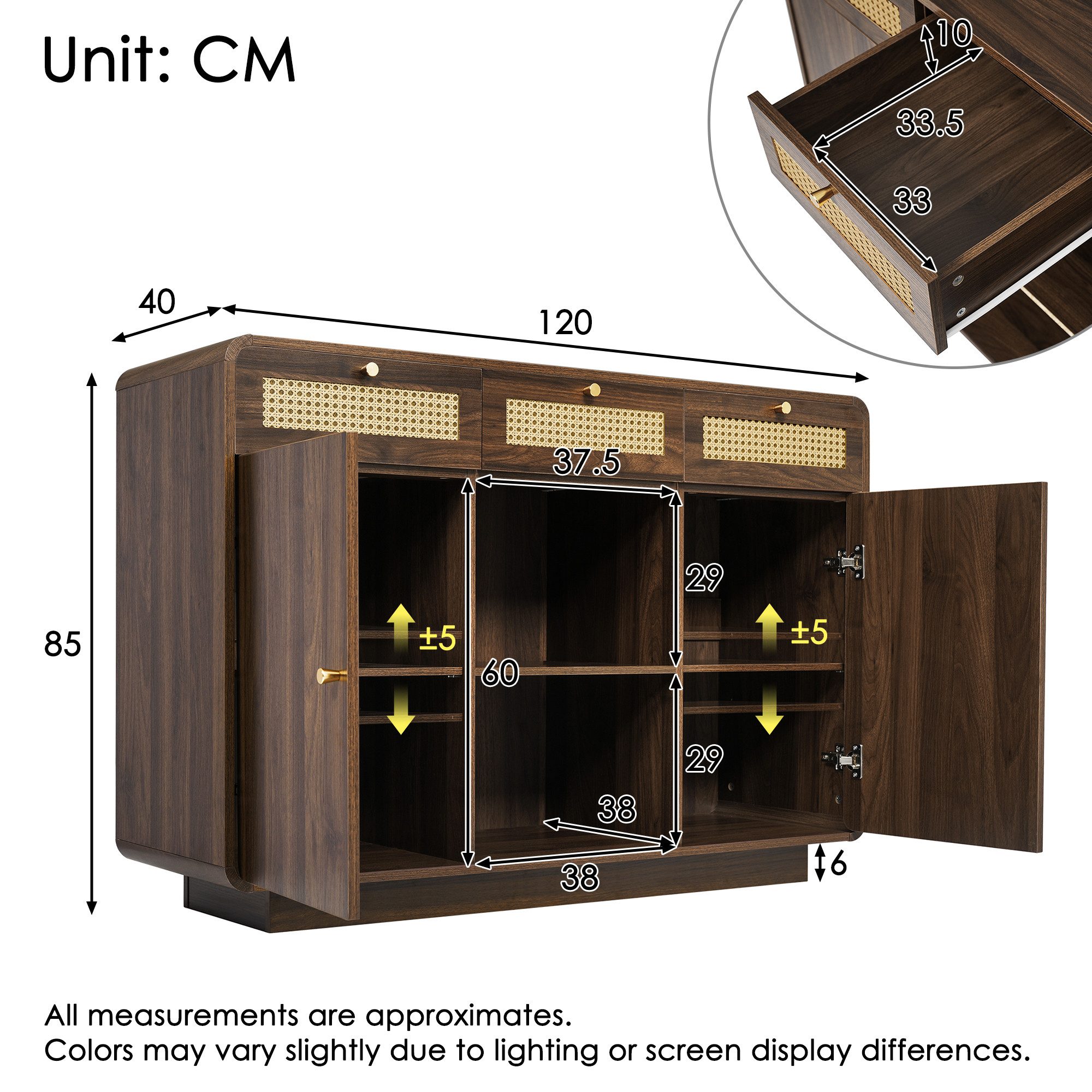 Flieks Kommode mit Rattan-Schubladen und verstellbaren Einlegeböden (1 St., H85/B120/T40 cm), Sideboard Mehrzweckschrank Holzschrank Nussbaumfarbe – Bild 5 von 5