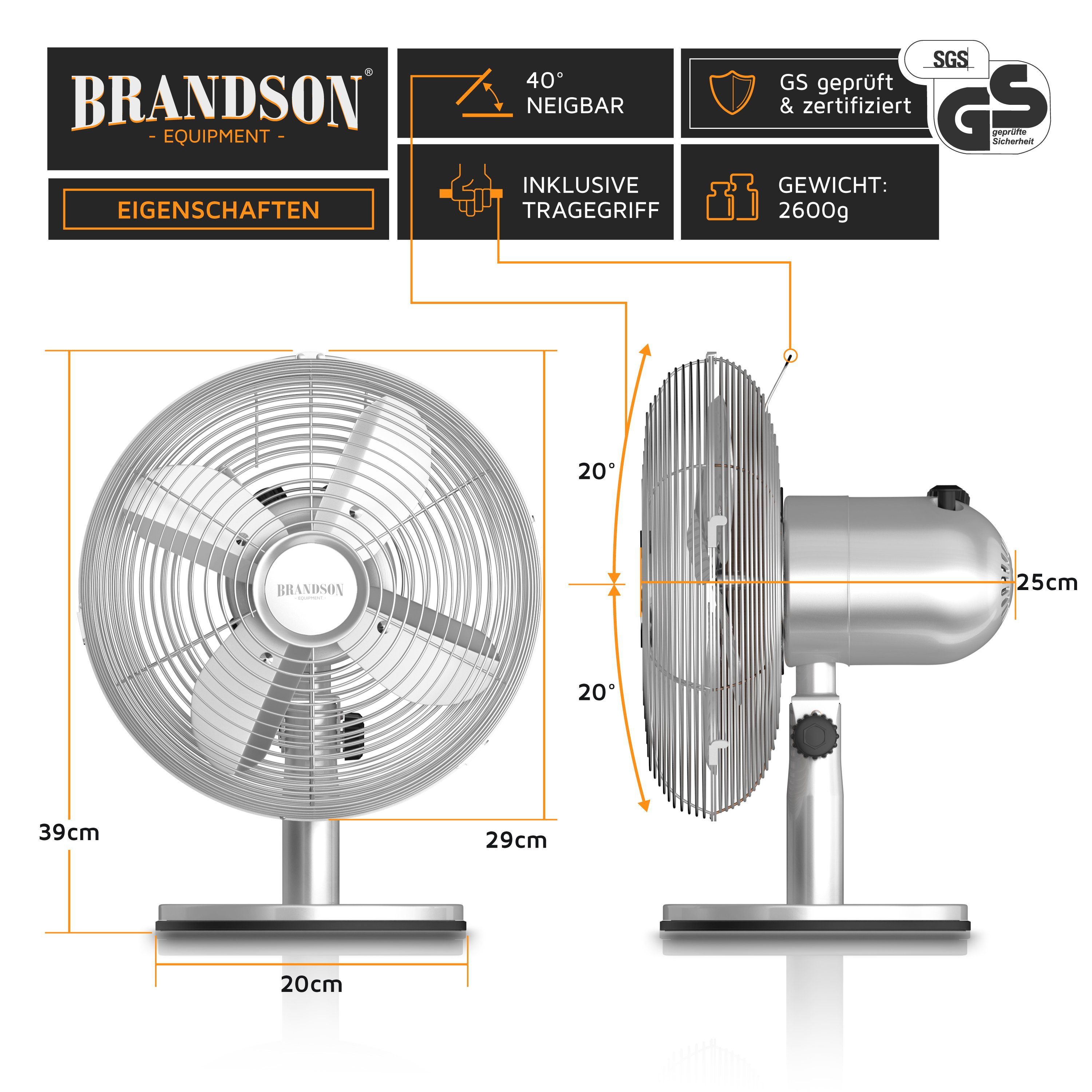Brandson Tischventilator, Metallgehäuse, Retro Oszillation, ca. 30W 40°, Neigungswinkel Design