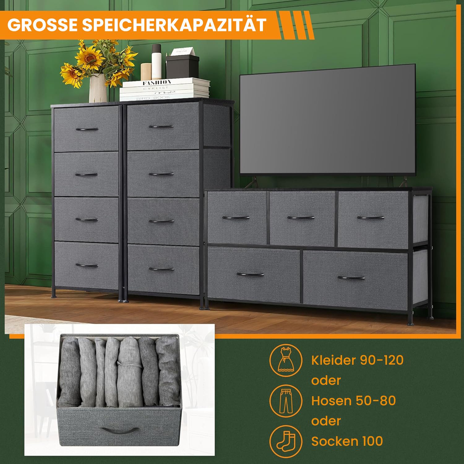 DUMOS Stauraumschrank Kommode mit Stoffschubladen, Stoffkommode für Schlafzimmer Geeignet Schubladenschränke