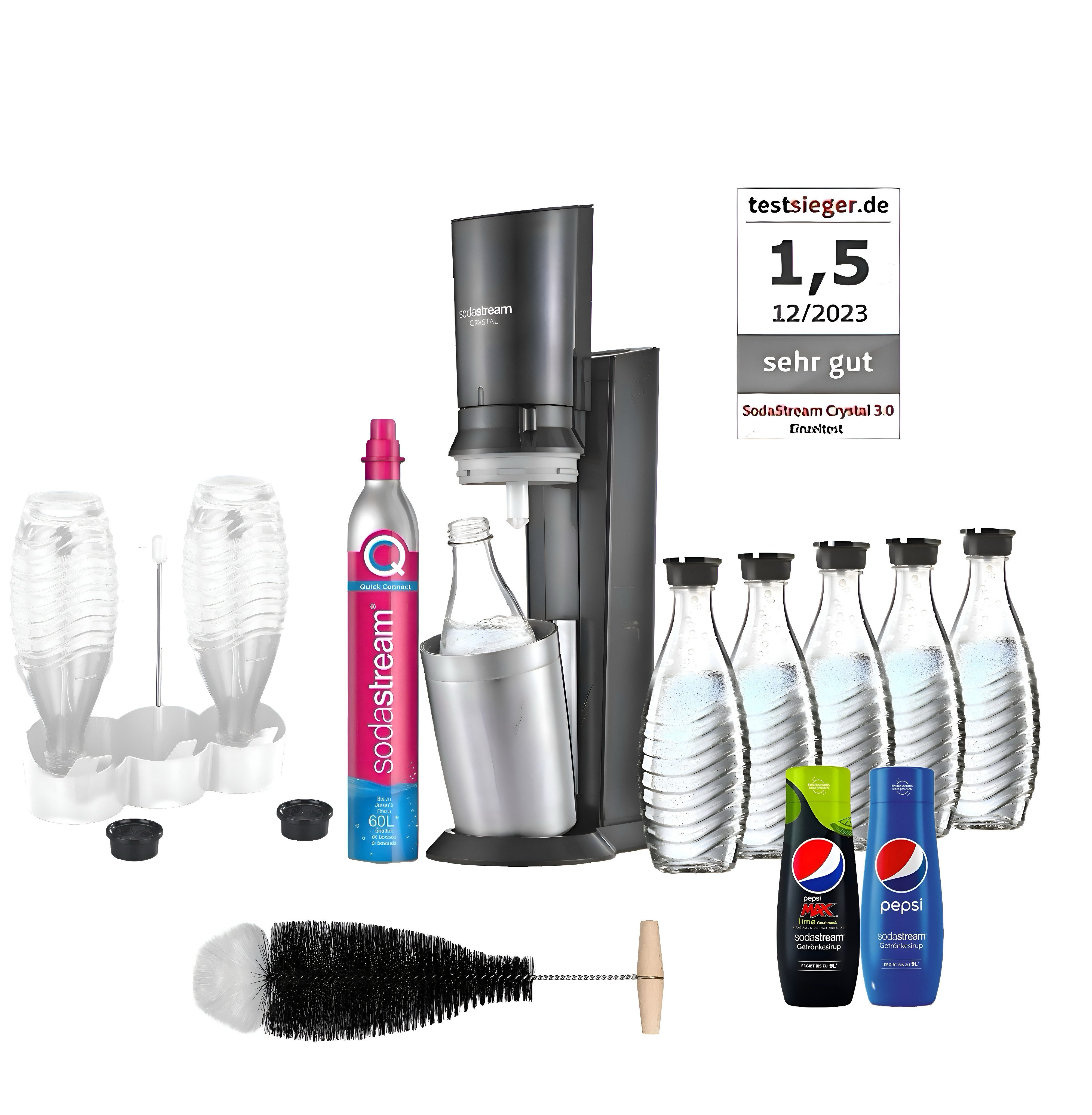 SodaStream Wassersprudler SODASTREAM Crystal 3.0, 2x Pepsi Sirup 5x Glaskaraffen, Flaschenhalter, (Weiß, Flaschenbürste, bis zu 60 Liter Sprudler Getränke, Vorteilspack, 10-tlg., Glaskaraffen, CO2-Zylinder, Sirup, Flaschenhalter, Flaschenburste), Spülmaschinenfeste CRYSTAL Duo Glaskaraffe, 0,7 L