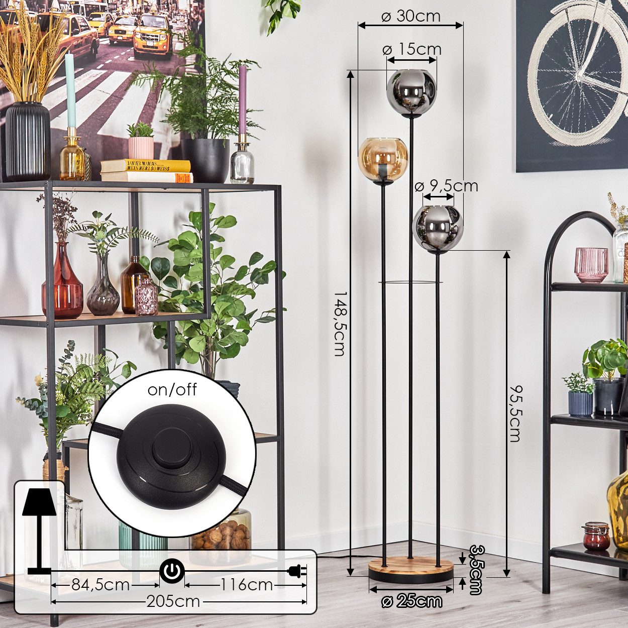 hofstein Stehlampe Stehlampe Metall/Holz/Glas in Schwarz/Hellbraun/Chrom/Rauch/Bernstein, ohne Leuchtmittel, Stehleuchte im Retro-Design m. Glasschirmen (15cm), Fußschalter, E14