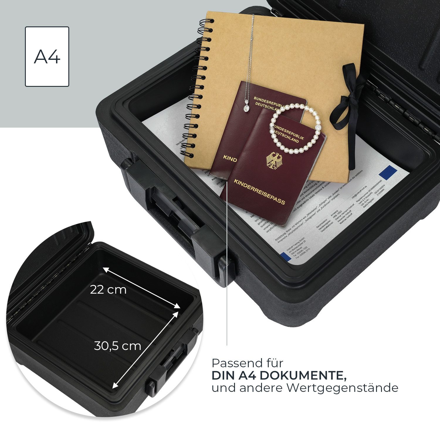 HMF Geldkassette Feuerfeste Dokumentenbox DIN A4 wasserdichte Geldkassette abschließbar, Dokumentensafe 36,5 x 32 x 15,5 cm, Schwarz