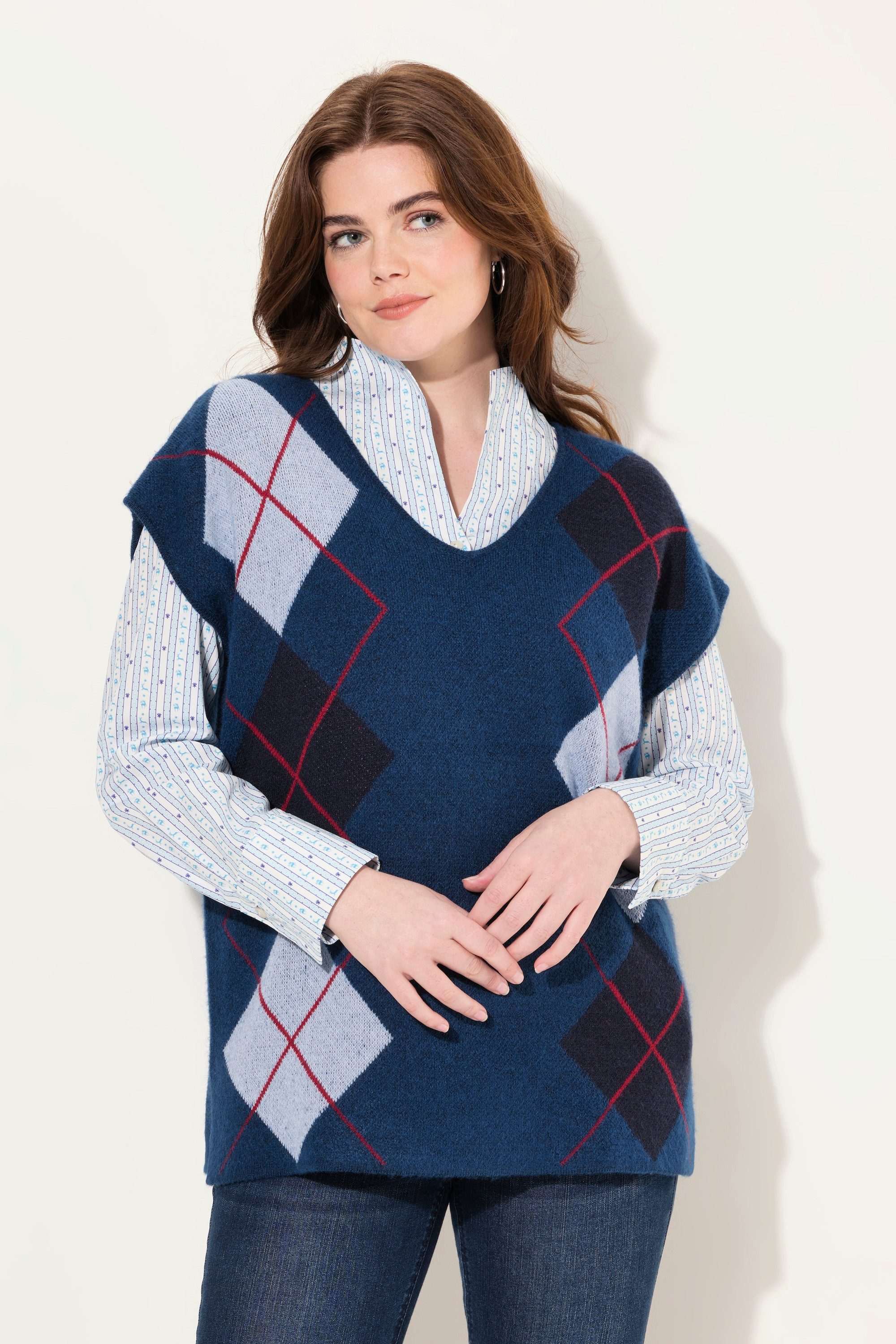 Ulla Popken Strickpullover Pullunder V-Ausschnitt Rhombenmuster ärmellos