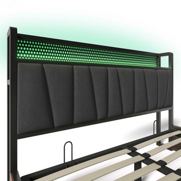 BlingBin Polsterbett Metallbett Lattenrost aus Holz (Doppelbett mit aufladen USB Ladefunktion Kopfteil), LED App-Control, LED-Beleuchtung, 140x200cm