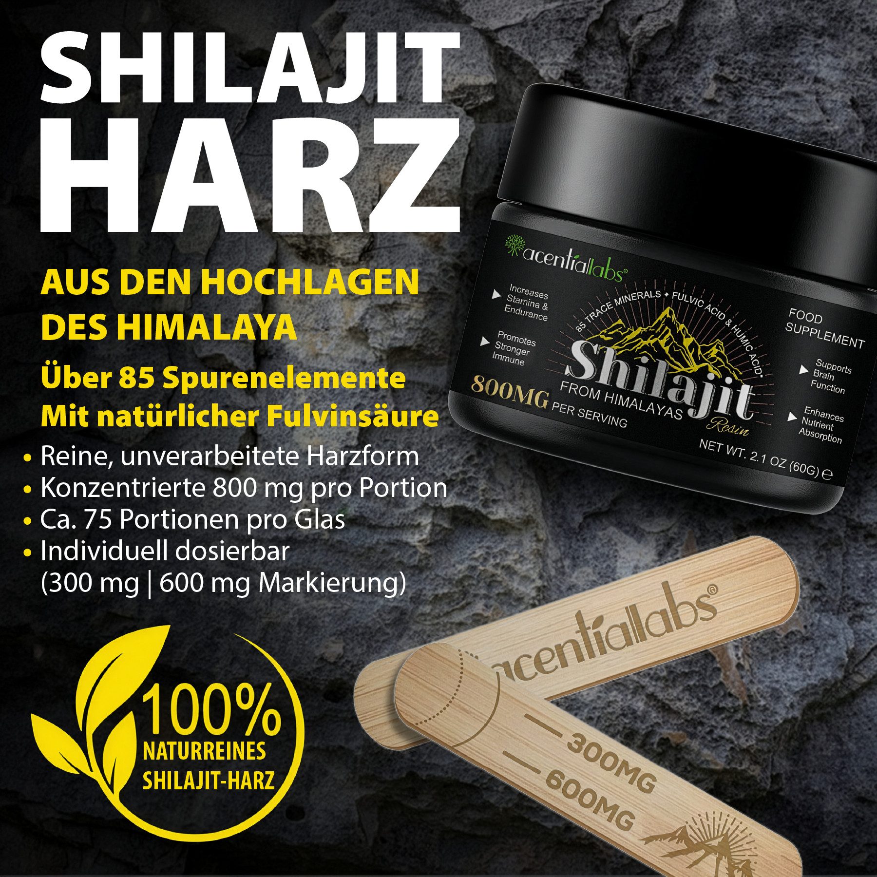 Acentiallabs Shilajit Himalaya Harz 100% Reines Mumijo 85+ Mineralien Laborgeprüft Harz, Nahrungsergänzungsmittel, Shilajit, Vitamine