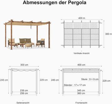 PURPLE LEAF Pergola 300 x 400 cm großer Aluminium-Pavillon in Holzoptik mit Schiebedach, Pergola Metall Wasserdicht Stabil Winterfest für Garten Terrasse