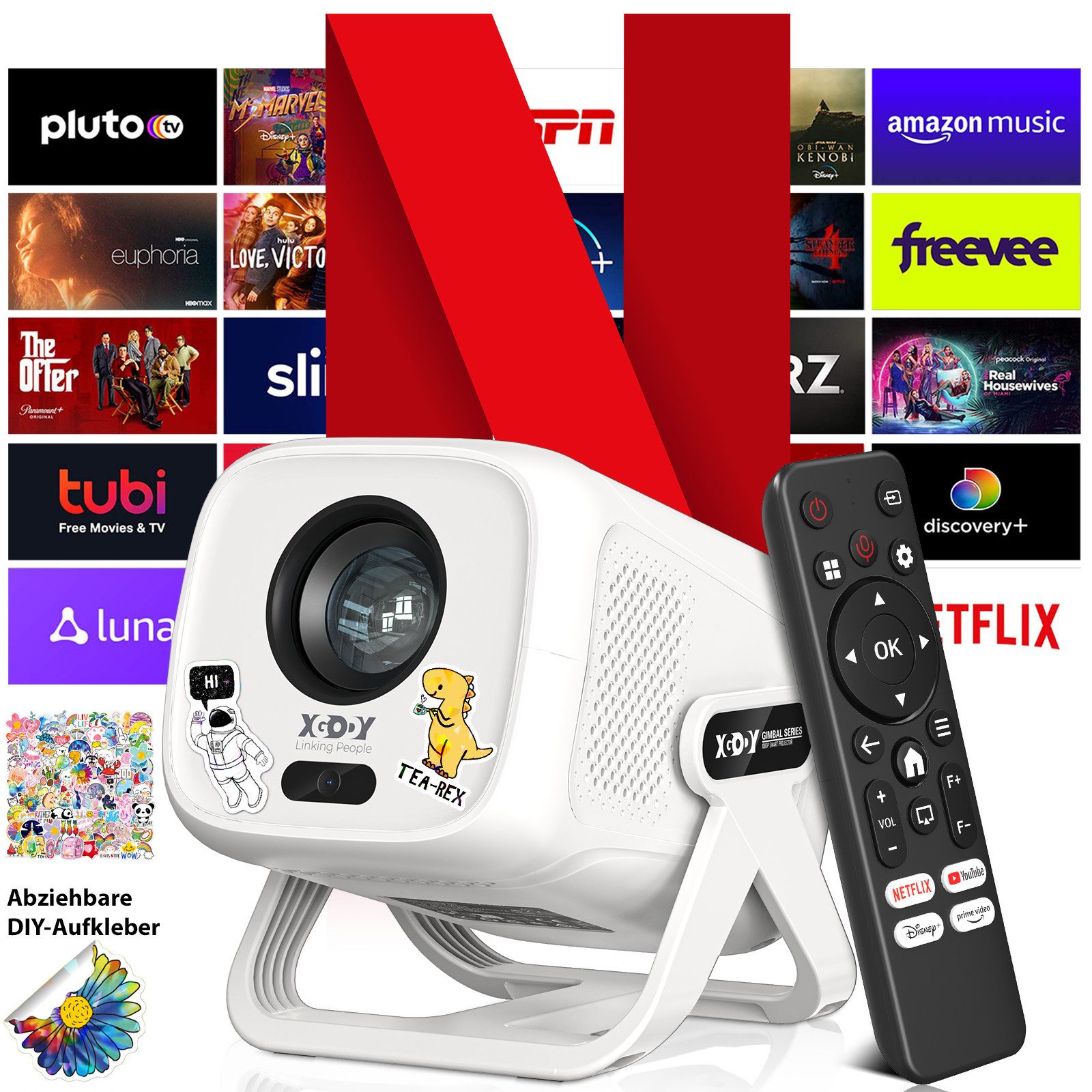 XGODY Native1080p Projektor 4K Mit Netflix Zertifizierung(AutoFokus) Mini Beamer (20000 lm, 20000:1, 3840 x 2160, 1920x1080 px, mit Automatische Trapezkorrektur, Staubfilter, Sprachsteuerung)