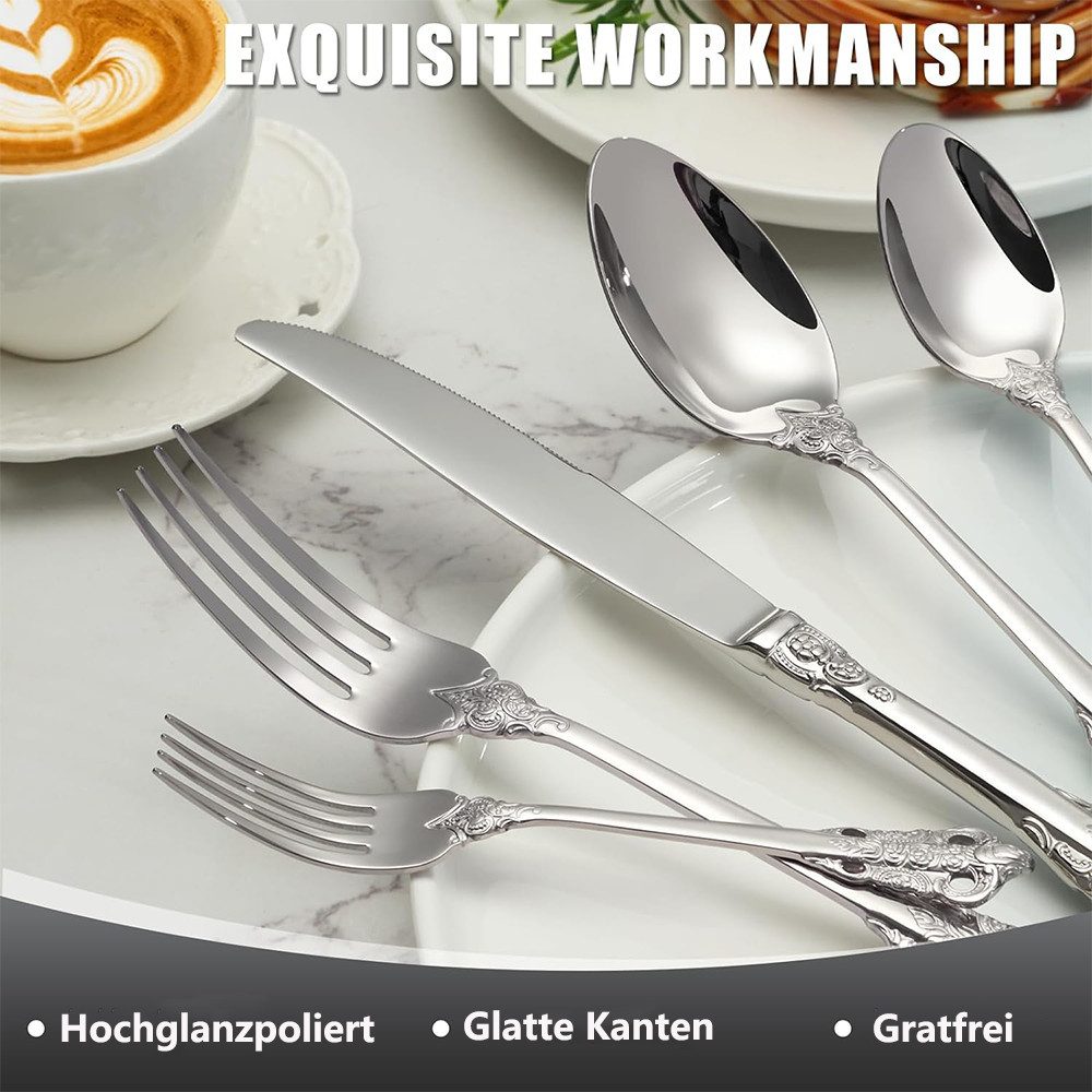 PFCTART Besteck-Set 24-teiliges Edelstahl Besteck Set in Silber für 6 Personen (24-tlg), 6 Personen, Bestehend aus Messer, Gabel, Löffel Teelöffel – Geschirrset, Geprägte Griffe im Palaststil · Rostfrei & spülmaschinenfest
