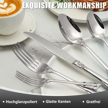 PFCTART Besteck-Set 24 Stück Silber Besteck Set, Hochwertig Edelstahl Besteck, 6 Personen (24-tlg), 6 Personen, Geprägte Design-Griffe, Bankett Essbesteck, Spülmaschinenfest