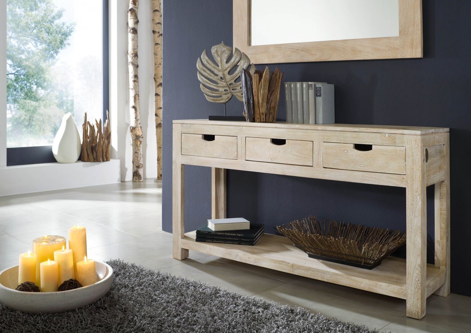 Massivmoebel24 Konsolentisch Akazie 140x40x78 white stone   NATURE WHITE #90