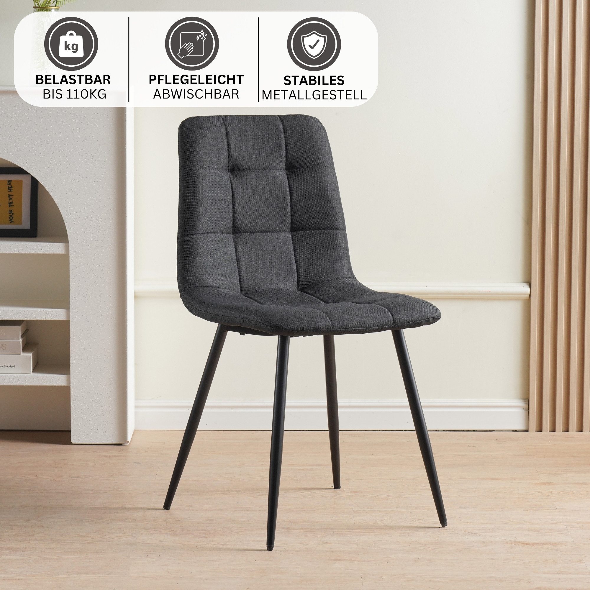 Albatros International Esszimmerstuhl Esszimmer Stühle 4 er Set BORA, Stuhl Stühle Esszimmerstühle, Küche (4er Set, Schwarz, Stoff Bezug), Küchenstuhl Küchenstühle Essstühle für den Esstisch Ess Stühle