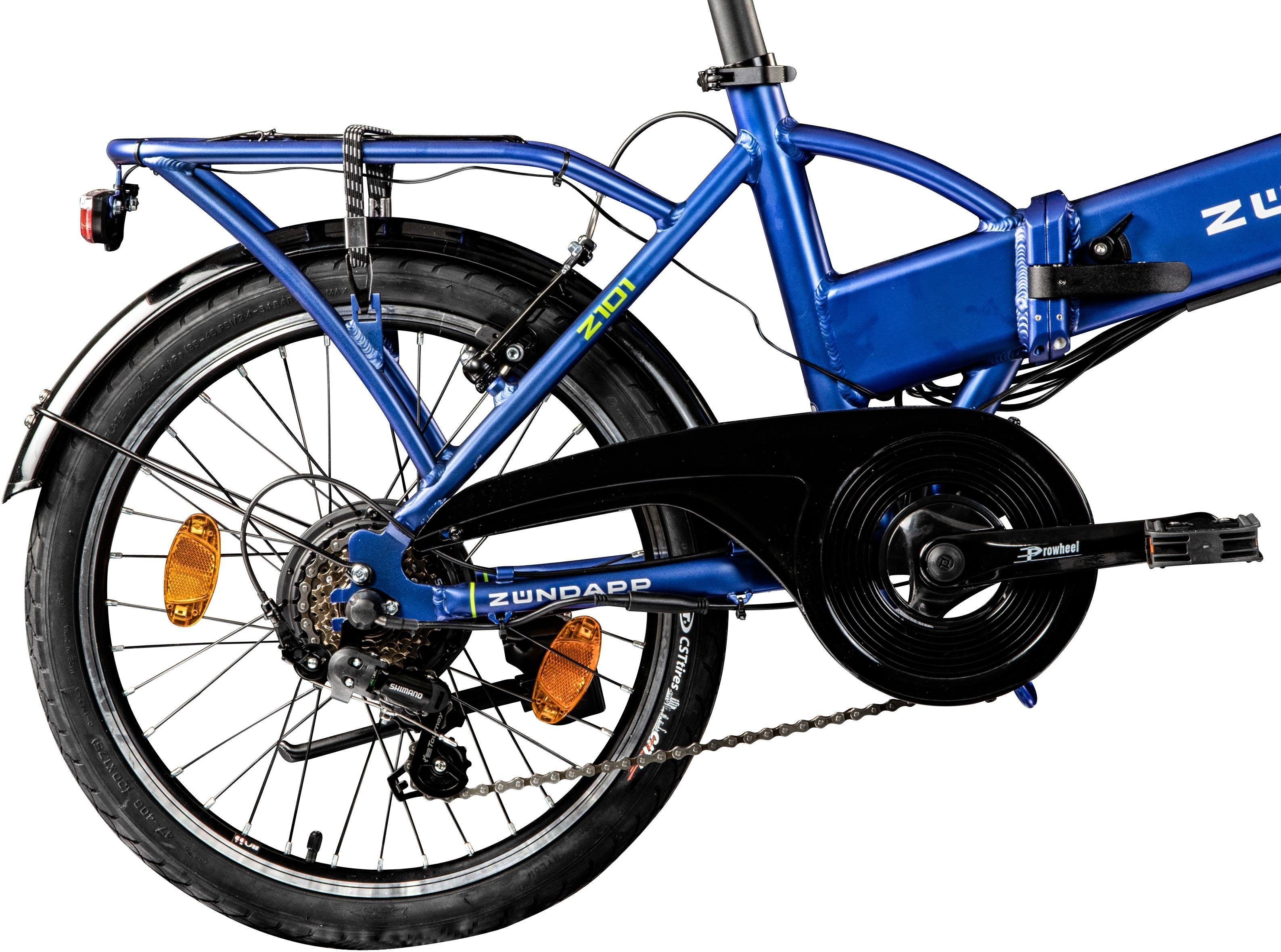 Zündapp E-Bike Klapprad Z101, 6 Gang Shimano Tourney Schaltwerk, Kettenschaltung, Heckmotor, 270 Wh, Pedelec, Elektrofahrrad für Damen u. Herren