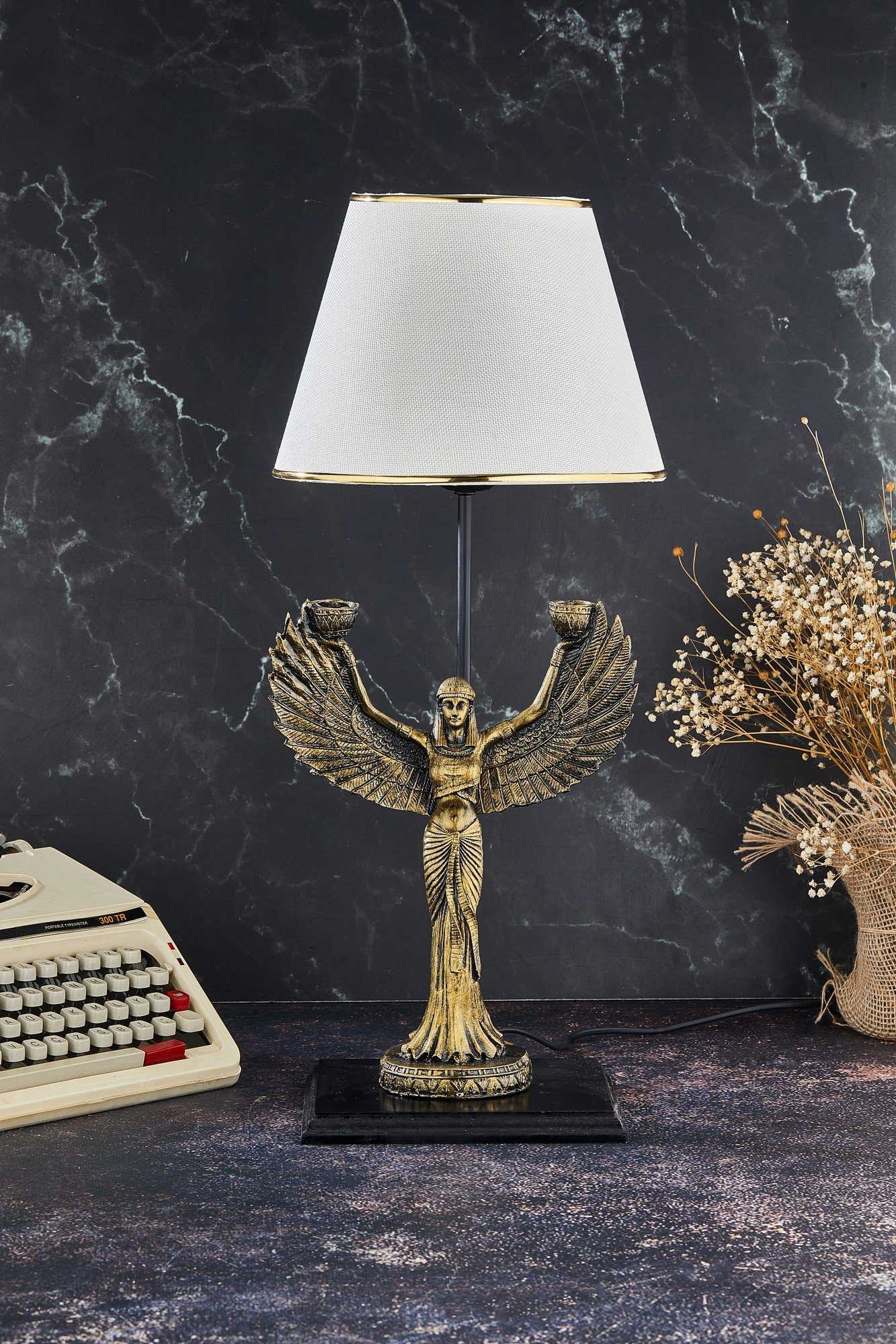 Opviq Schreibtischlampe PLY113FLH, Gold,Weiß, 25 cm, Holzbasis