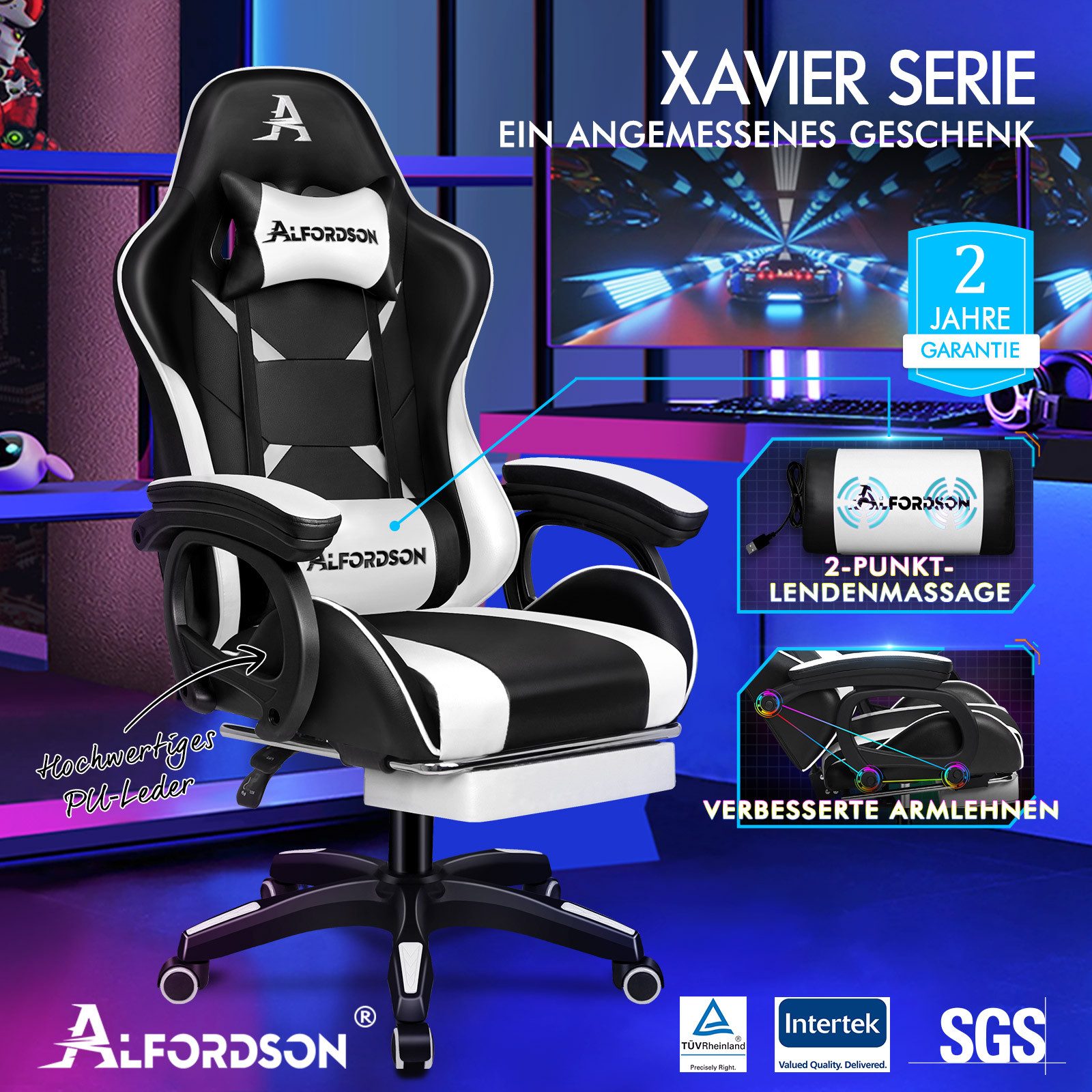 ALFORDSON Gaming-Stuhl mit Massage-Lendenkissen, X-Large, 5 Massagemodi, USB-Anschluss (1 St), Einziehbare Fußstütze, 90°-150° verstellbare Ruckenlehne , Ergonomisch