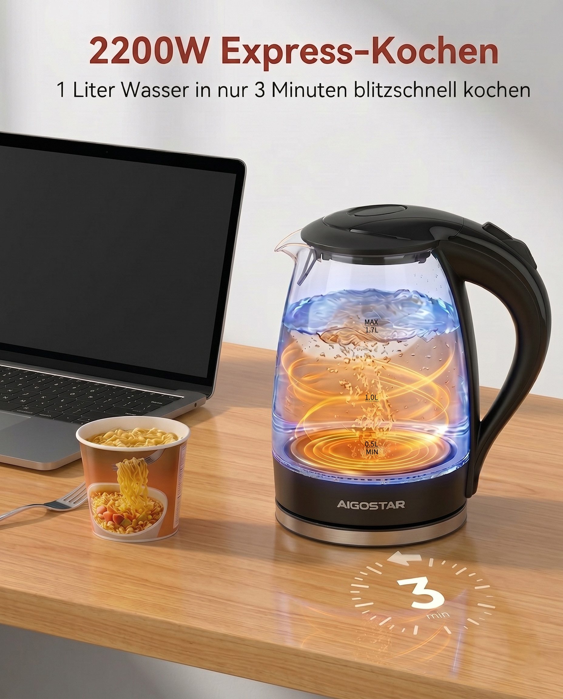 Aigostar Wasserkocher Glas mit Kalkfilter, Glaswasserkocher LED-Beleuchtung, 100% BPA Frei, 1.7 l, 2200,00 W, 360° Edelstahl Sockel, Trockenaufschutz