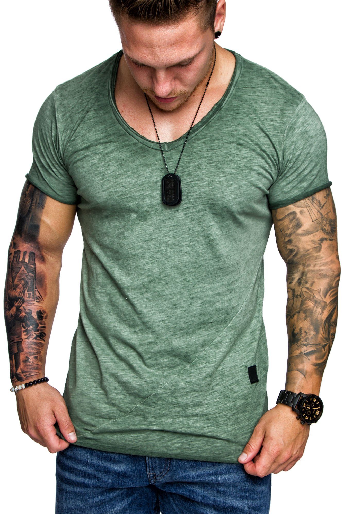 Amaci&Sons T-Shirt NYC Basic Oversize T-Shirt mit V-Ausschnitt Herren Oversize Vintage Verwaschen V-Ausschnitt Shirt