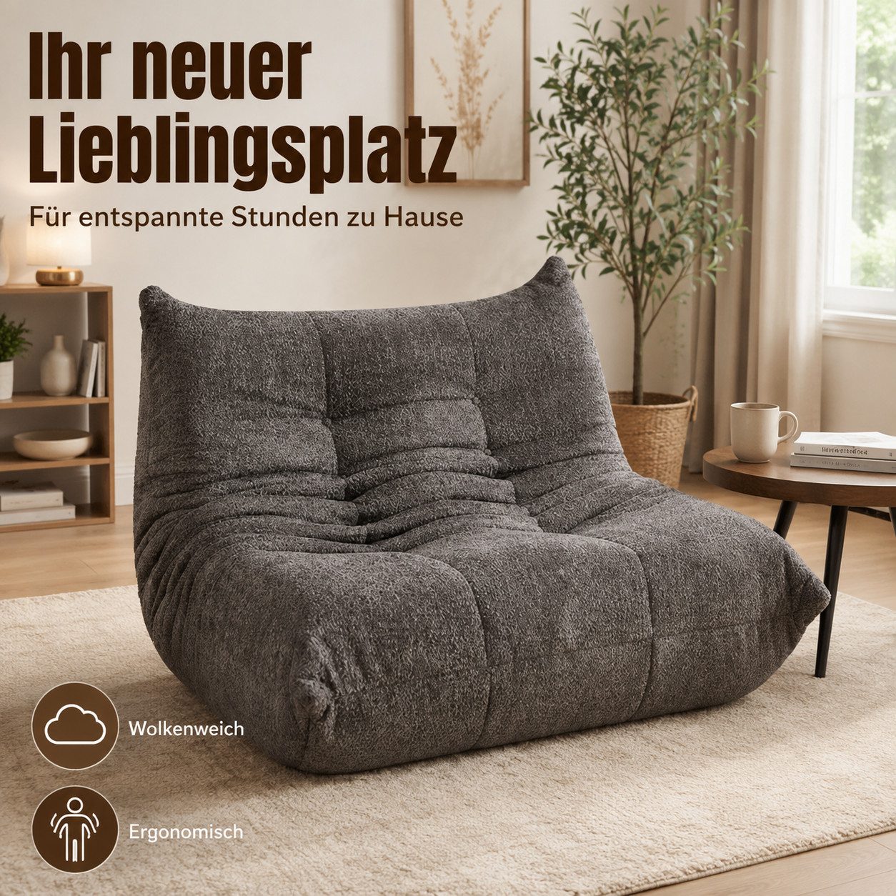MIBODE Sitzsack Chenille Bodensofa, bequemer Sessel für Schlafzimmer (Einzelstück), Modulares Design, ergonomische Form, hoher Sitzkomfort