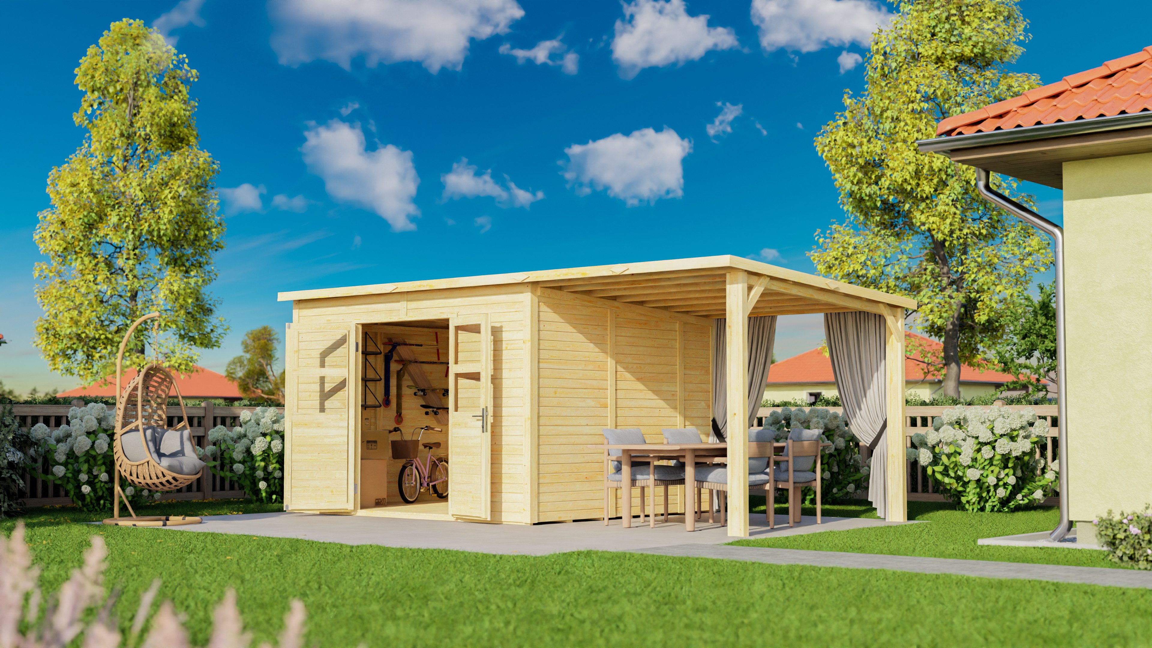 BERTILO Gartenhaus Baltrum 2 Set naturbelassen, BxT: 601x306 cm, mit Fußboden, Fenster und Doppeltür