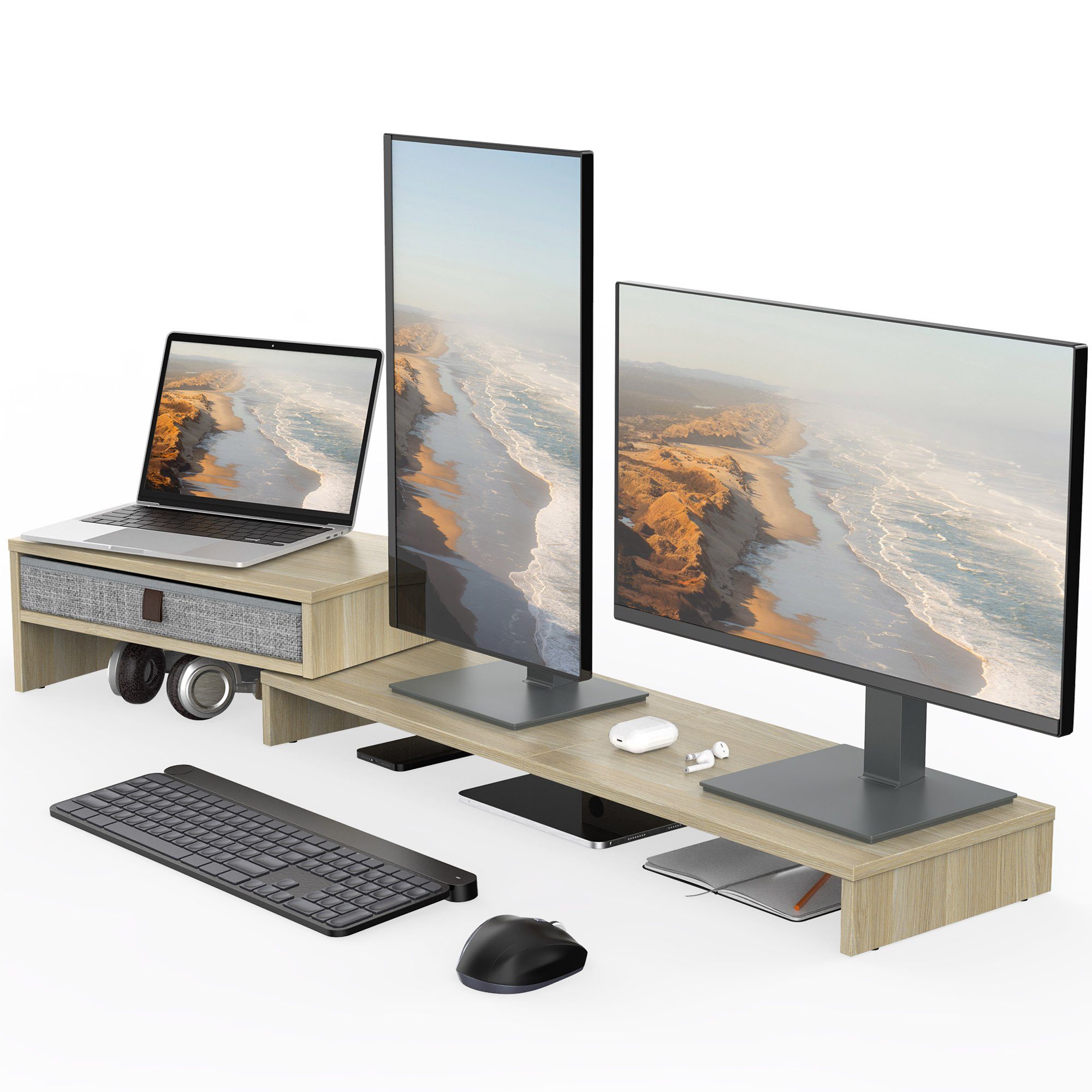 Fenge Monitorständer 2-teiliges Design mit Schublade, für 2-3 Monitore, (ausziehbar und frei drehbar, rutschfeste Gummipads)