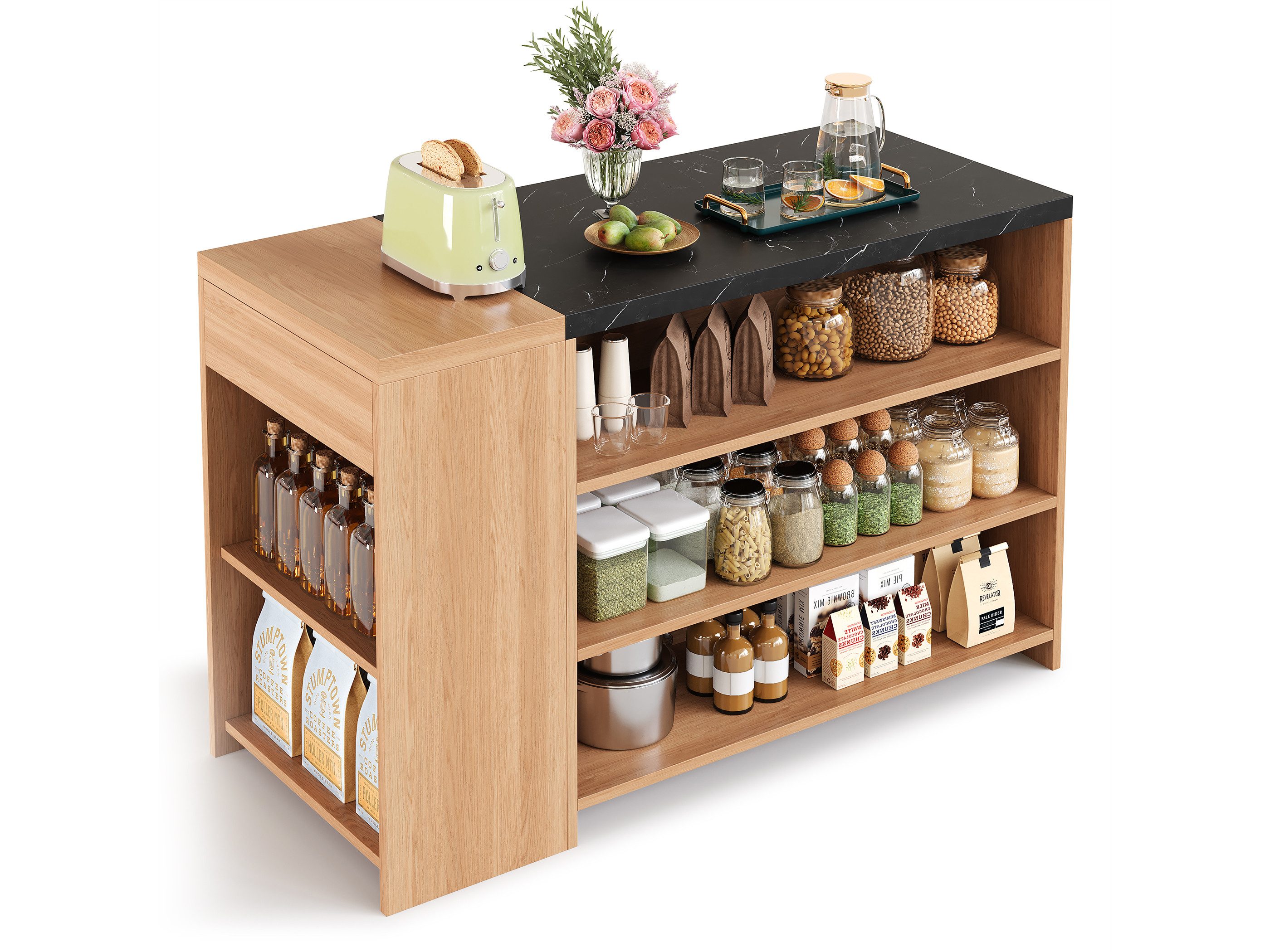 SeedWave Kücheninsel Kontrastfarbener Küchenschrank mit 140cm Arbeitsplatte, Staufächern, Bartheke mit Höhe 87cm, Marmor- und Holzoptik Design
