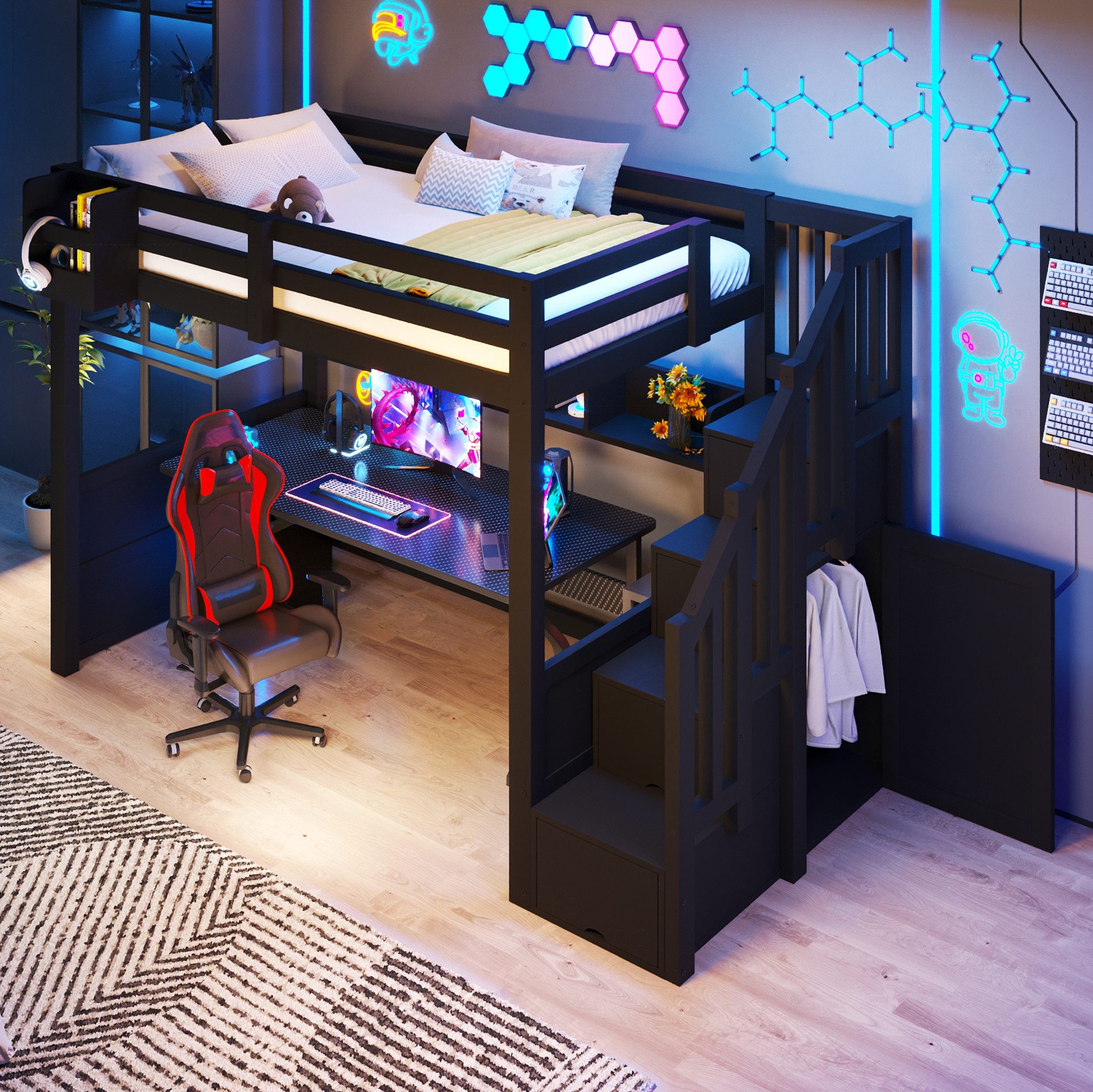 REDOM Hochbett Kinder Schlafbett mit Aufstiegstreppe und LED Beleuchtung (Packung, 1-St., 90x200 Etagenbett Schwarz Holz mit Schrank Stauraum ohne Matratze) Multifunktionales Bettmöbel mit praktischem Stauraumkonzept