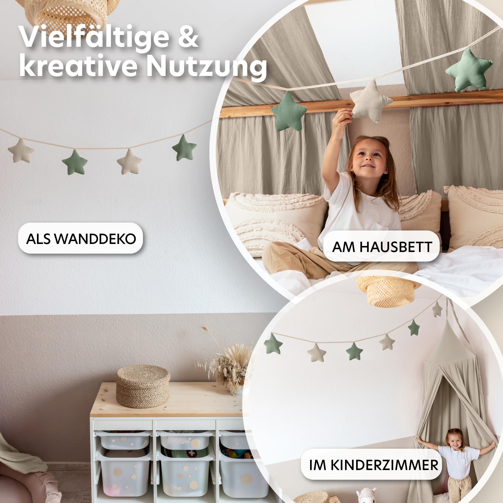 lilimaus Wimpelkette Sternenkette für Kinderzimmer - handgenähte Stoff-Girlande, handgefertigte Stoff-Girlande ca. 300 cm - Wimpel oder Sterne
