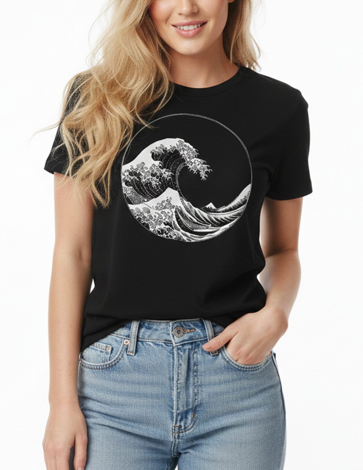 MAKAYA Print-Shirt Surfer Damen Shirt mit Wellen-Print – Coole Geschenkidee (Schwarz, S, M, L, XL) Baumwolle