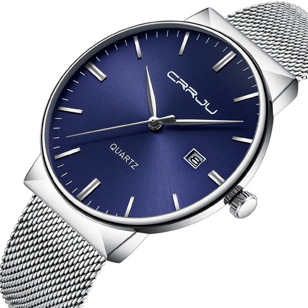 GelldG Uhr Herrenuhr Ultra Dünne wasserdicht Armbanduhr Herren Mode Datumsanzeige Silber, Blau