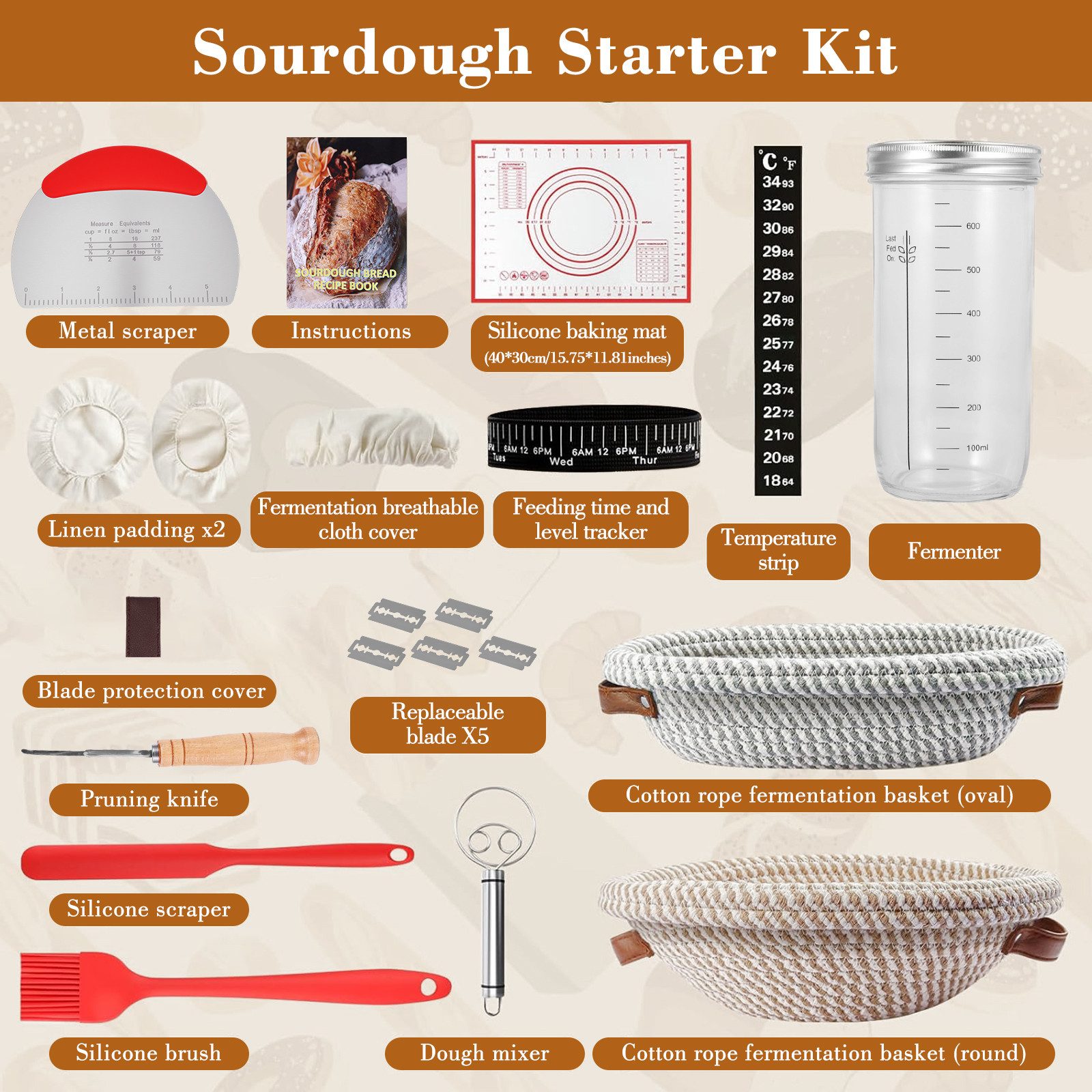 BlingBin Gärkorb 10-teiliges Gärkörbchen für Brotteig, Sauerteig-Starter-Set mit Liner, (17er Set 17-tlg), Brot Backen Werkzeuge, Sauerteig Brot Backen Zubehör  – Bild 2 von 5