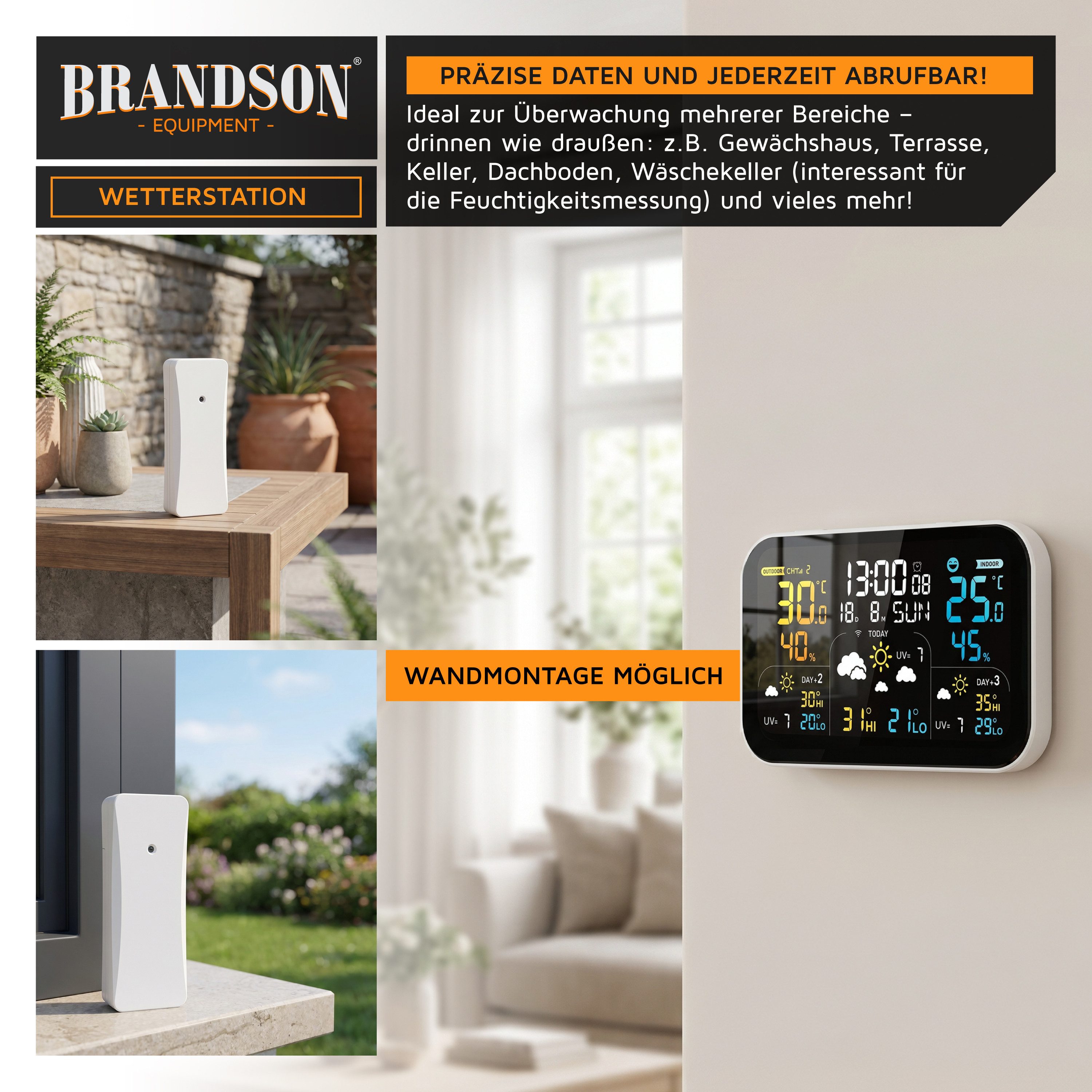 Brandson Funk Wetterstation mit Wlan & Farbdisplay, App & 2 Außensensoren Wetterstation (2x Außensensor,Netzteil,Bedienungsanleitung, Tuya & Smart Life, 3-Tage- – Bild 5 von 5