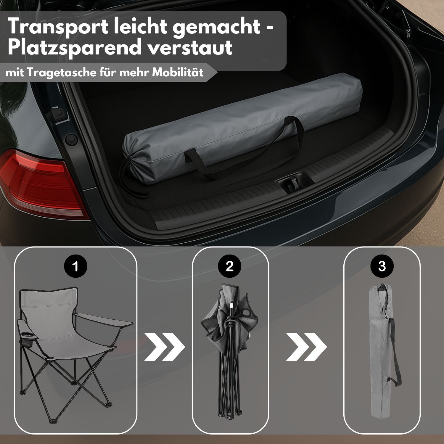 Coemo Gartenstuhl (4 St), faltbarer Campingstuhl Grau mit Getränkehalter, Outdoor-Stuhl