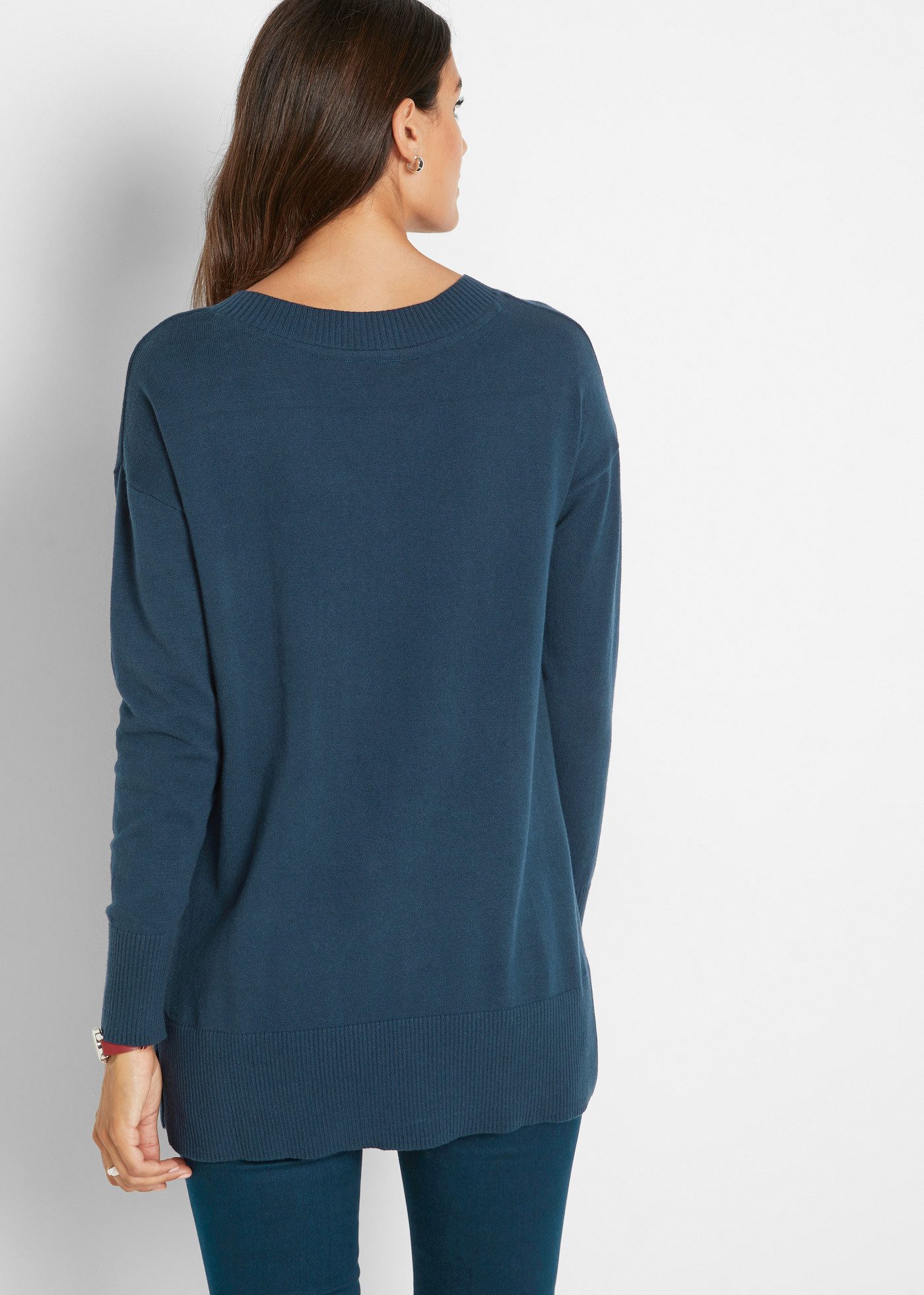 bonprix Longpullover Feinstrick-Baumwollmischung, mit V-Ausschnitt, mit Seitenschlitzen