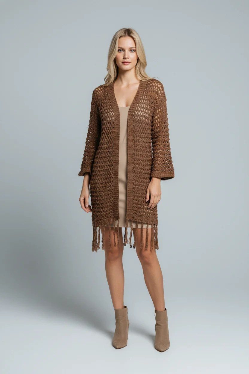 No Matter What Blusenjacke Locker sitzende, lange Strickjacke mit gestrickten Quasten.