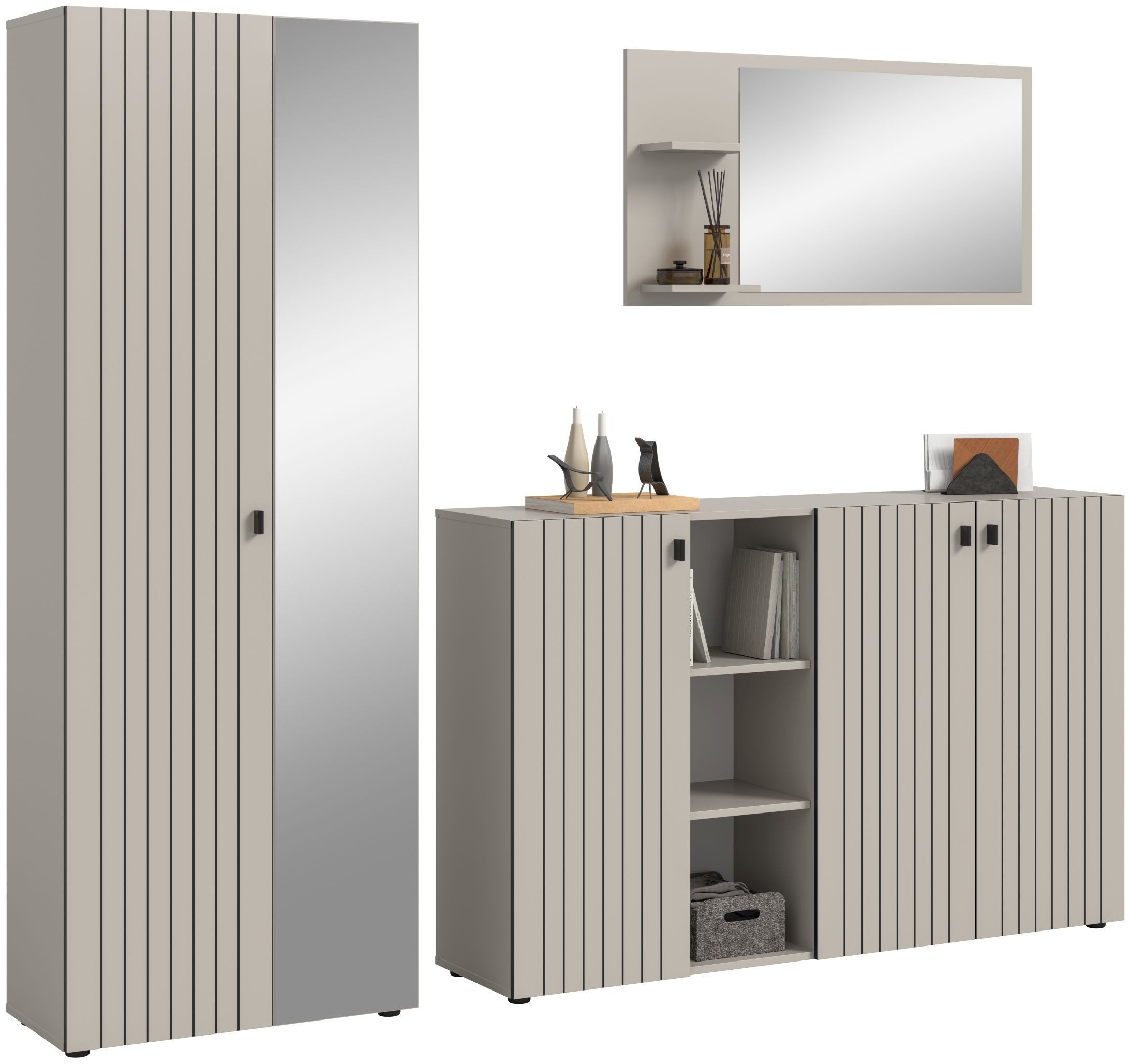 xonox.home Garderoben-Set, (3-tlg. Garderobenschrank, Schuhkommode & Garderobenspiegel), in Kaschmir Nachbildung B/H/T ca.: 235/192/37 cm