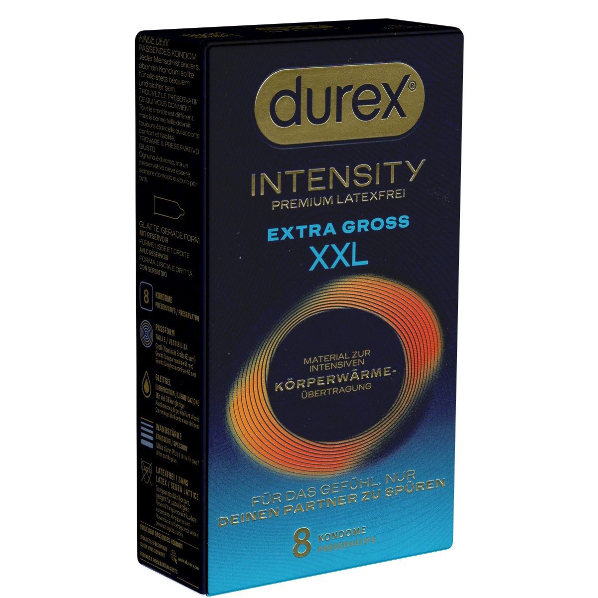 durex XXL-Kondome Intensity XL Packung mit, 8 St., extra große, ultradünne & latexfreie Markenkondome