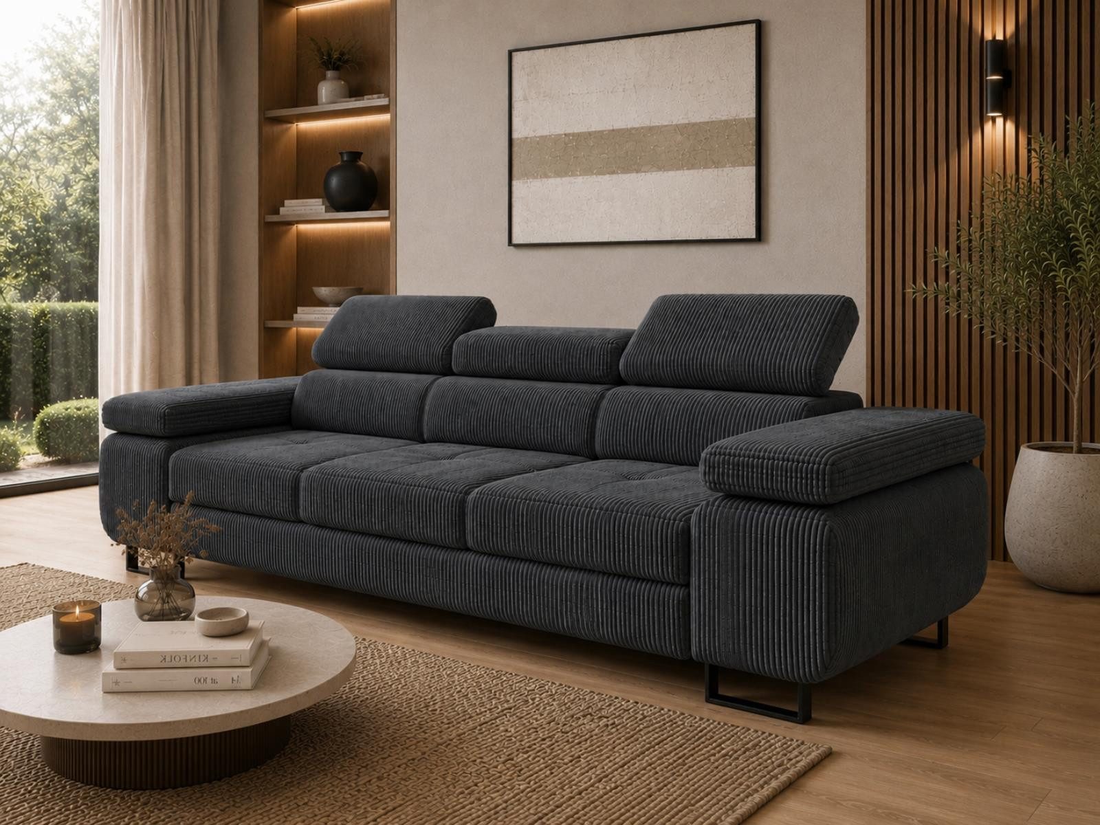 Compleo Schlafsofa mit verstellbaren Kopfstützen, Cordsofa mit hohen Metallfüßen, Modern Wohnzimmer