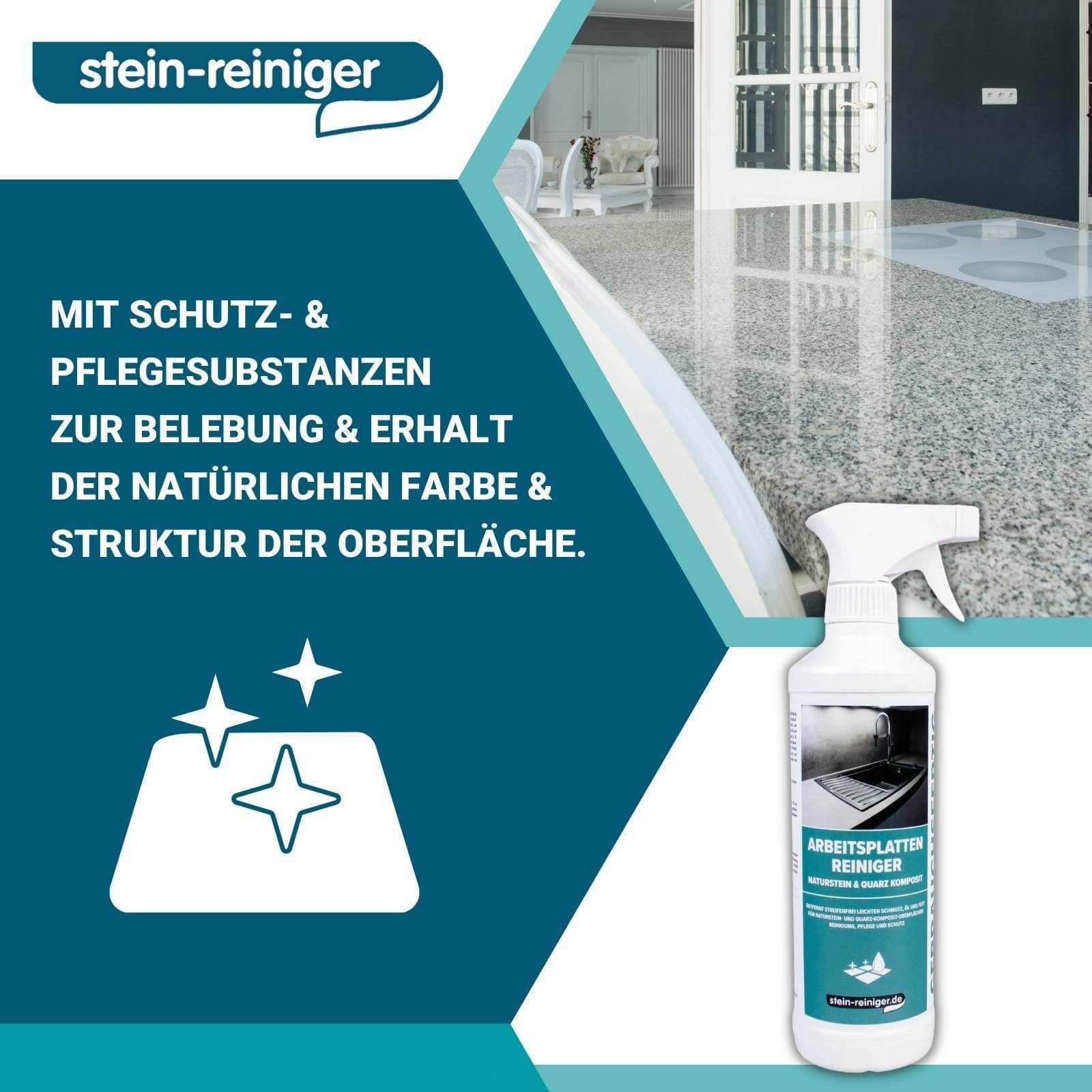 Naturstein Reiniger stein-reiniger.de Quarz Arbeitsplatten Komposit Küchenreiniger & 500ml