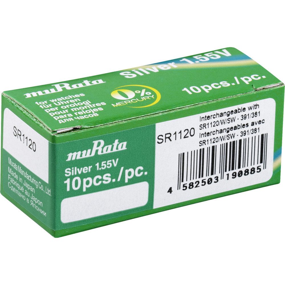 Murata Murata Knopfzelle 381 1.55 V 10 St. 60 mAh Silberoxid SR1120-PBWW Knopfzelle, (1.55 V)