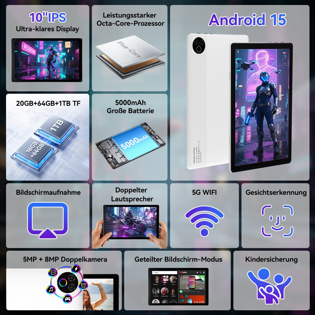 BUFO Tablet 64 GB 1280x800 IPS 5000 mAh Android Tablet (10", 64 GB, Android, WiFi, Große Kapazität)