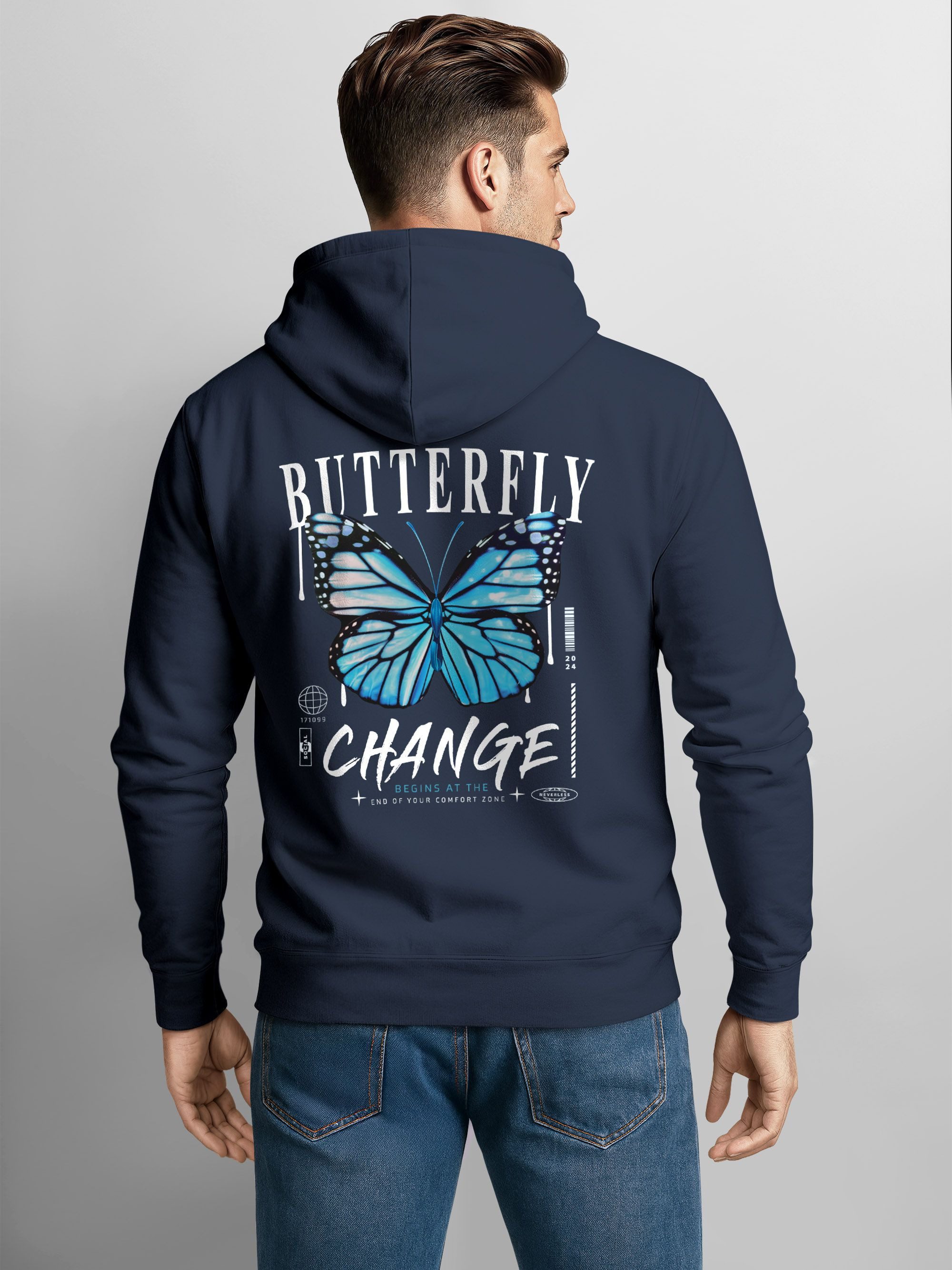 Neverless Hoodie Herren Hoodie Backprint Butterfly Change, Kapuzensweatshirt mit