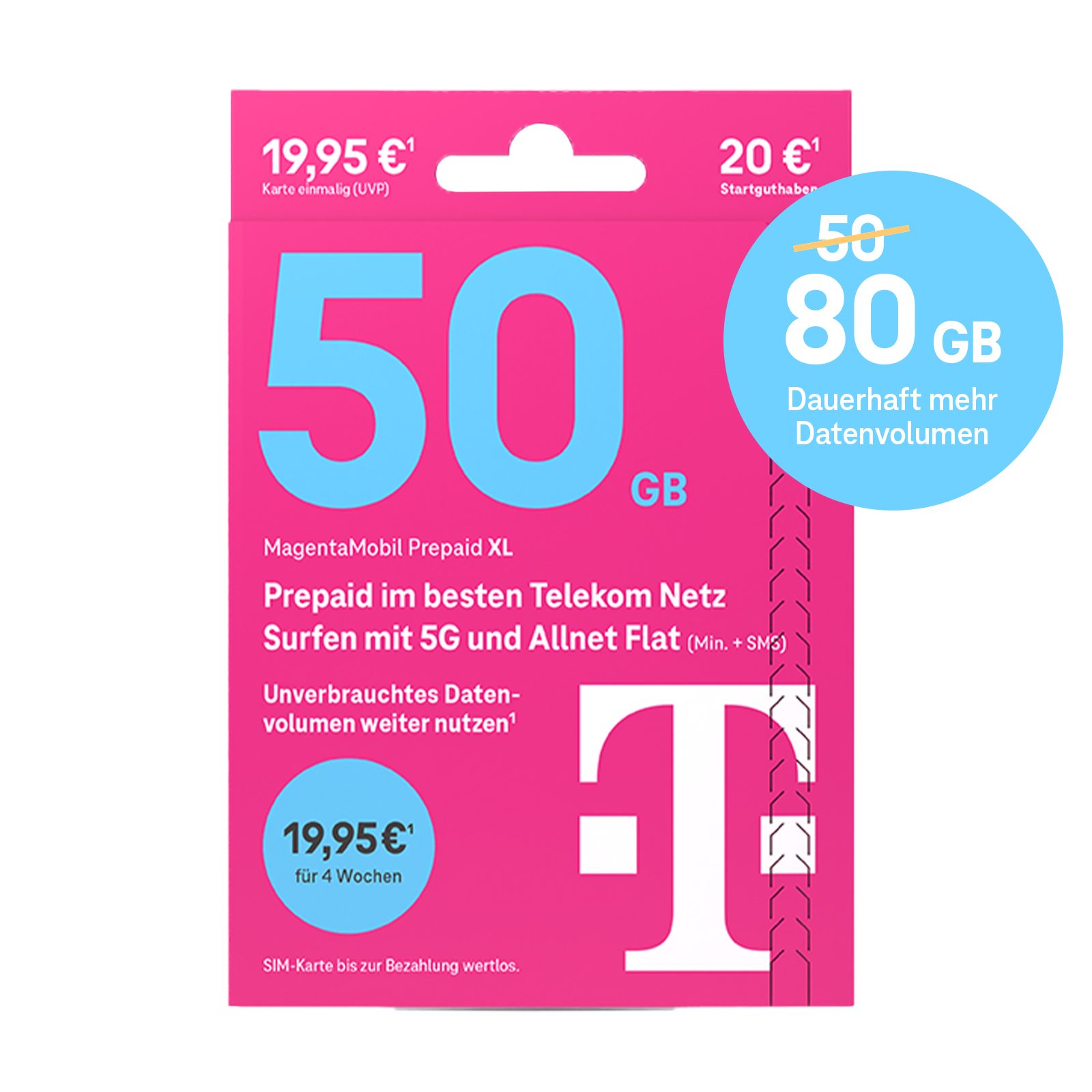 Telekom MagentaMobil Prepaid XL Simkarte mit 20 € Startguthaben Prepaidkarte, (80 GB Datenvolumen / 4 Wochen)