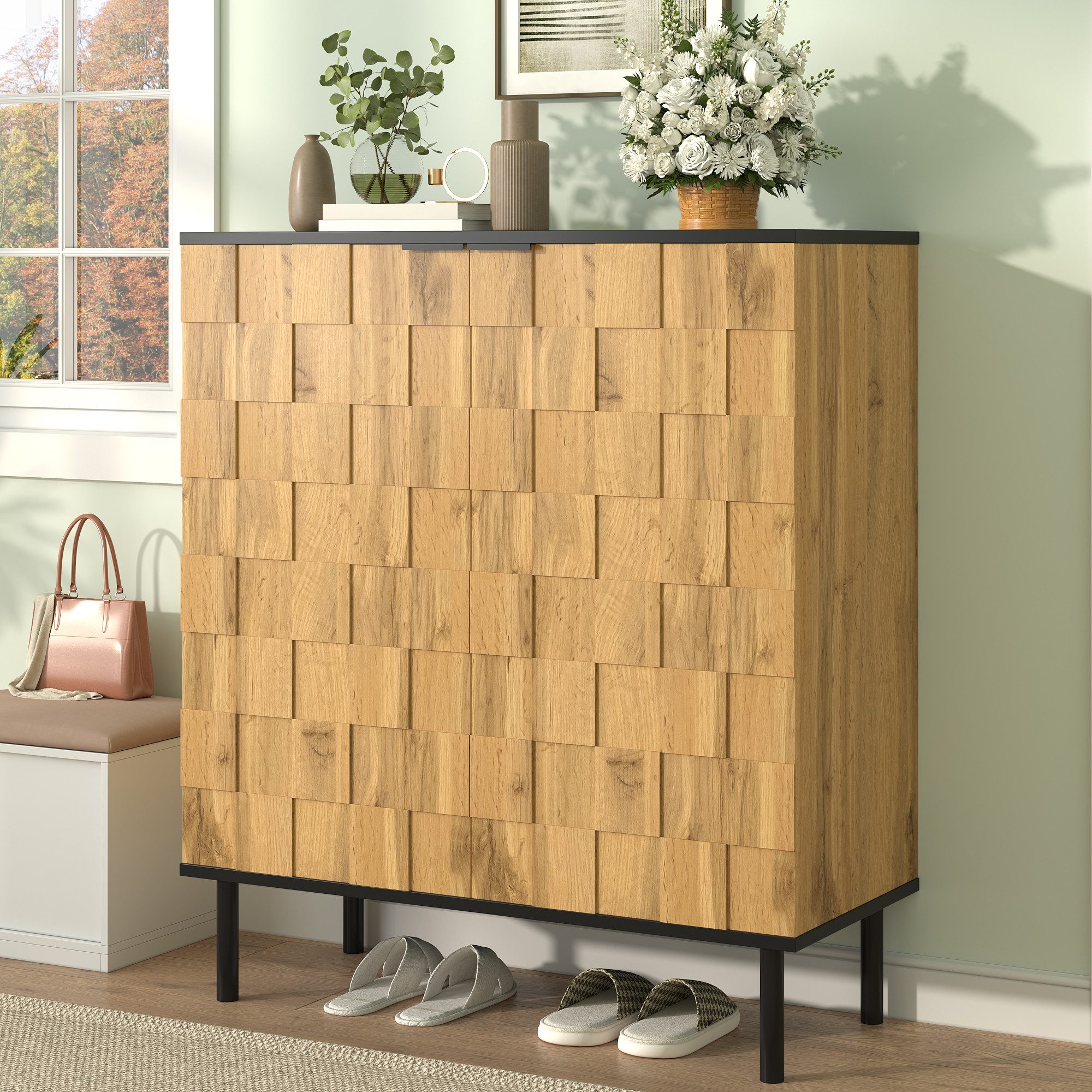 MODFU Schuhschrank 80x91,5x35 cm Mosaik-Schuhschrank 2-türig, Holzoptik, Metallfüße (Packung, 1-St., Höhenverstellbare Fächer, Spanplatte) Aufbewahrungsschrank für Flur & Eingangsbereich