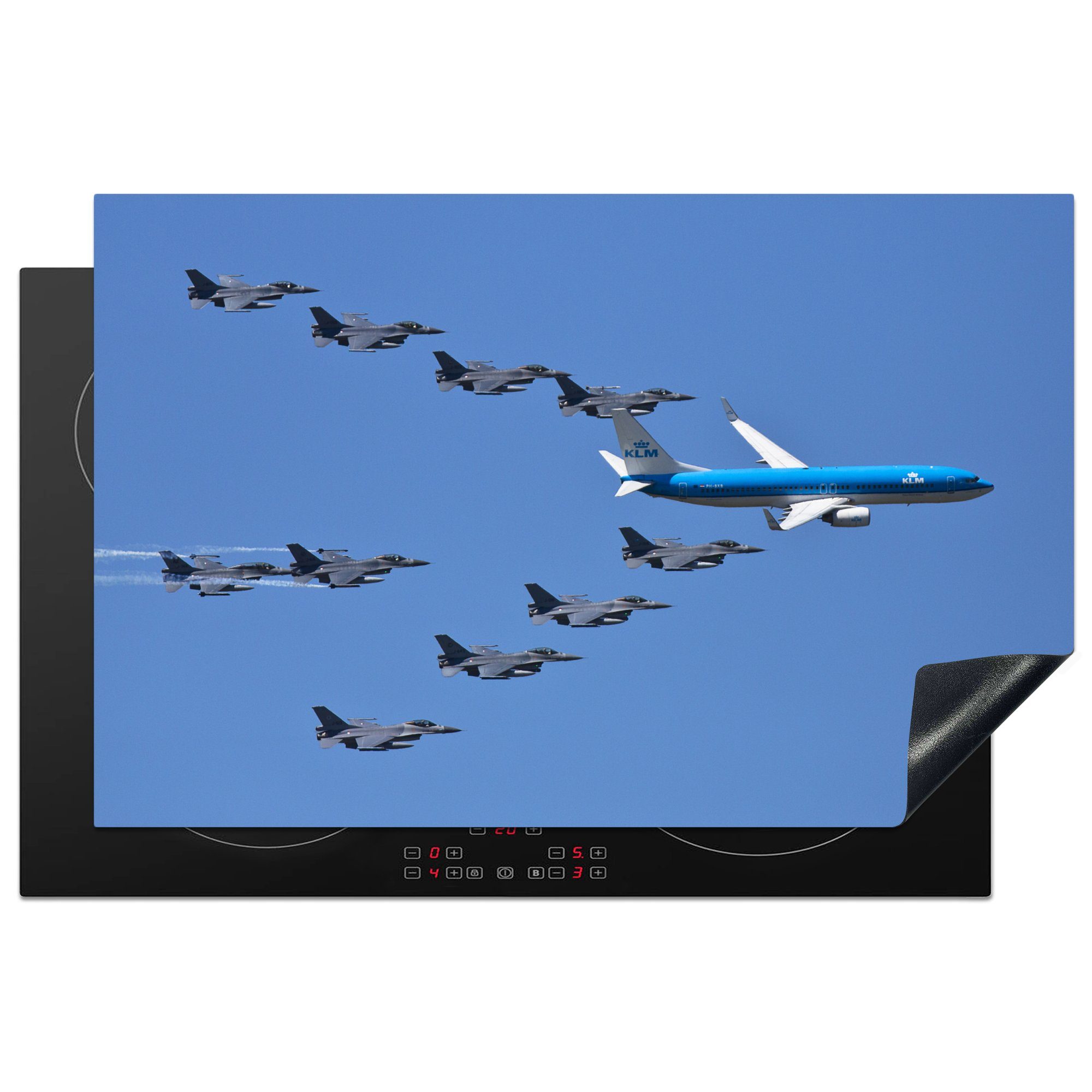 MuchoWow Herdblende-/Abdeckplatte Passagierflugzeug mit Jet-Begleitung, Vinyl, (1 tlg), 81x52 cm, Induktionskochfeld Schutz für die küche, Ceranfeldabdeckung