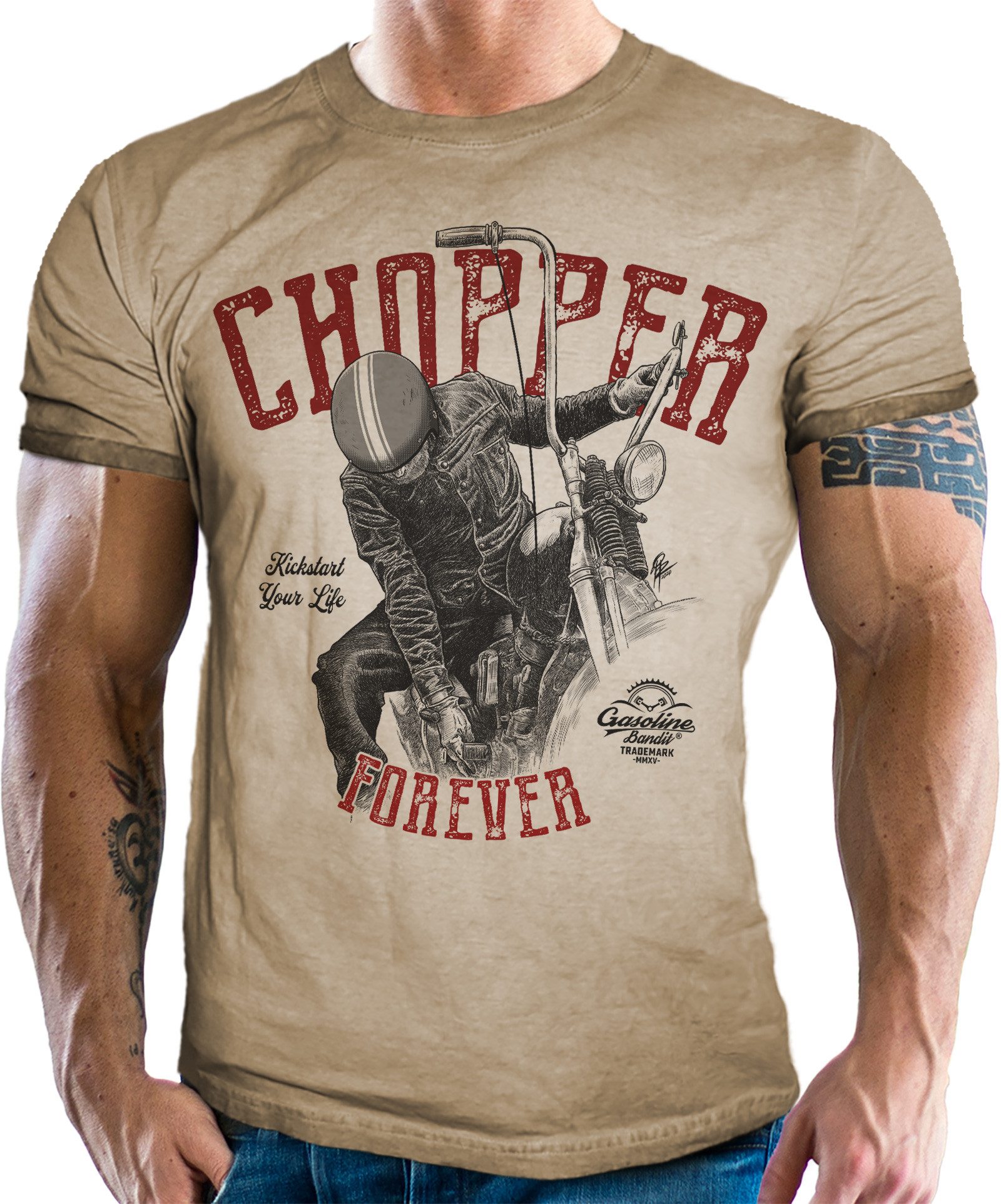 GASOLINE BANDIT® T-Shirt im Used Look für Motorradfahrer und Biker: Chopper Forever