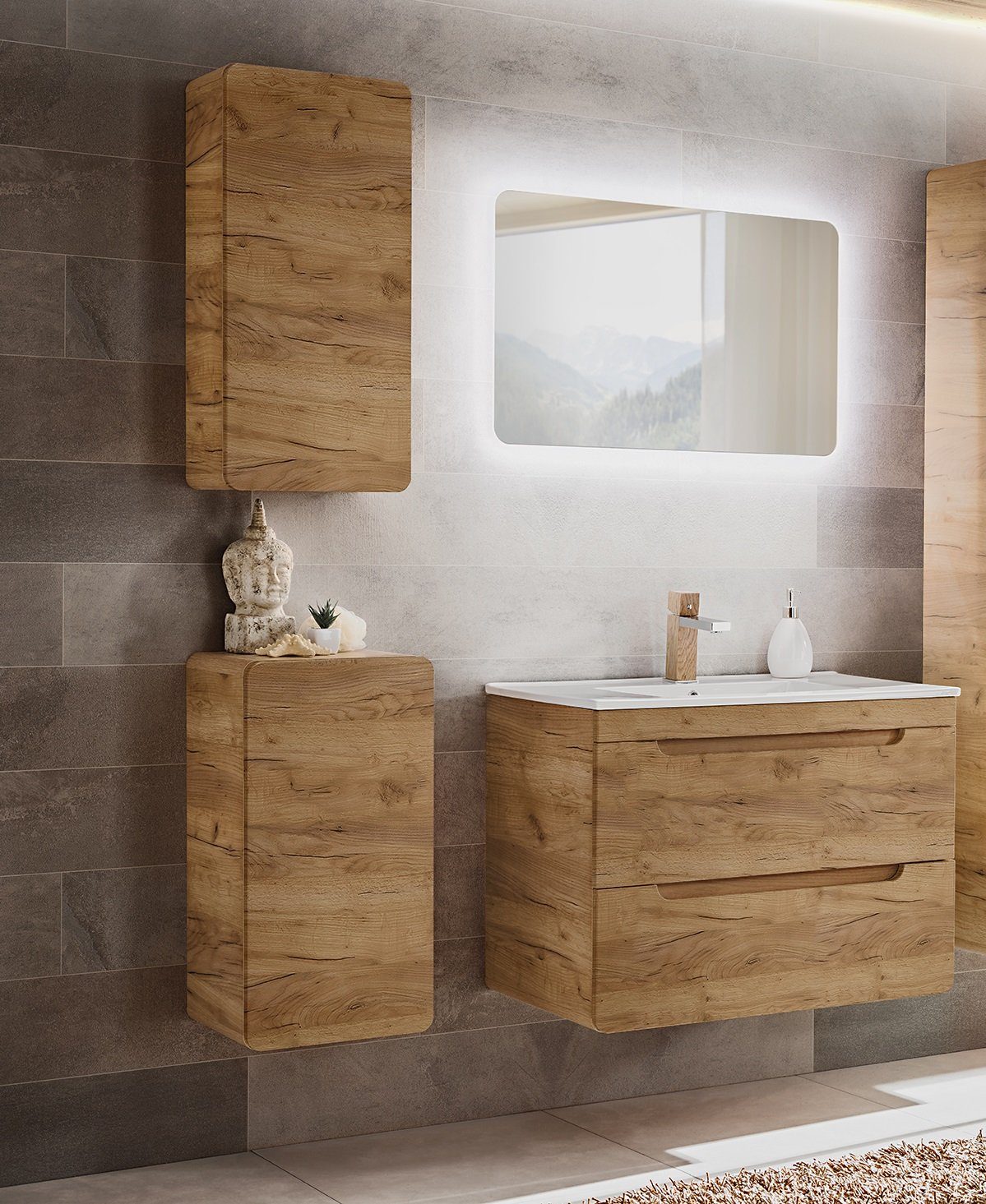 Fun Möbel Badmöbel-Set 4-tlg Badezimmerset FERMO Gold-Eiche inkl. Waschtisch, (Set, 4-St., Unterschrank, Keramikbecken 60 o. 80 cm, Spiegel, 2 x Hängeschrank), Schubladen mit Soft-Close-System, LED-Spiegel