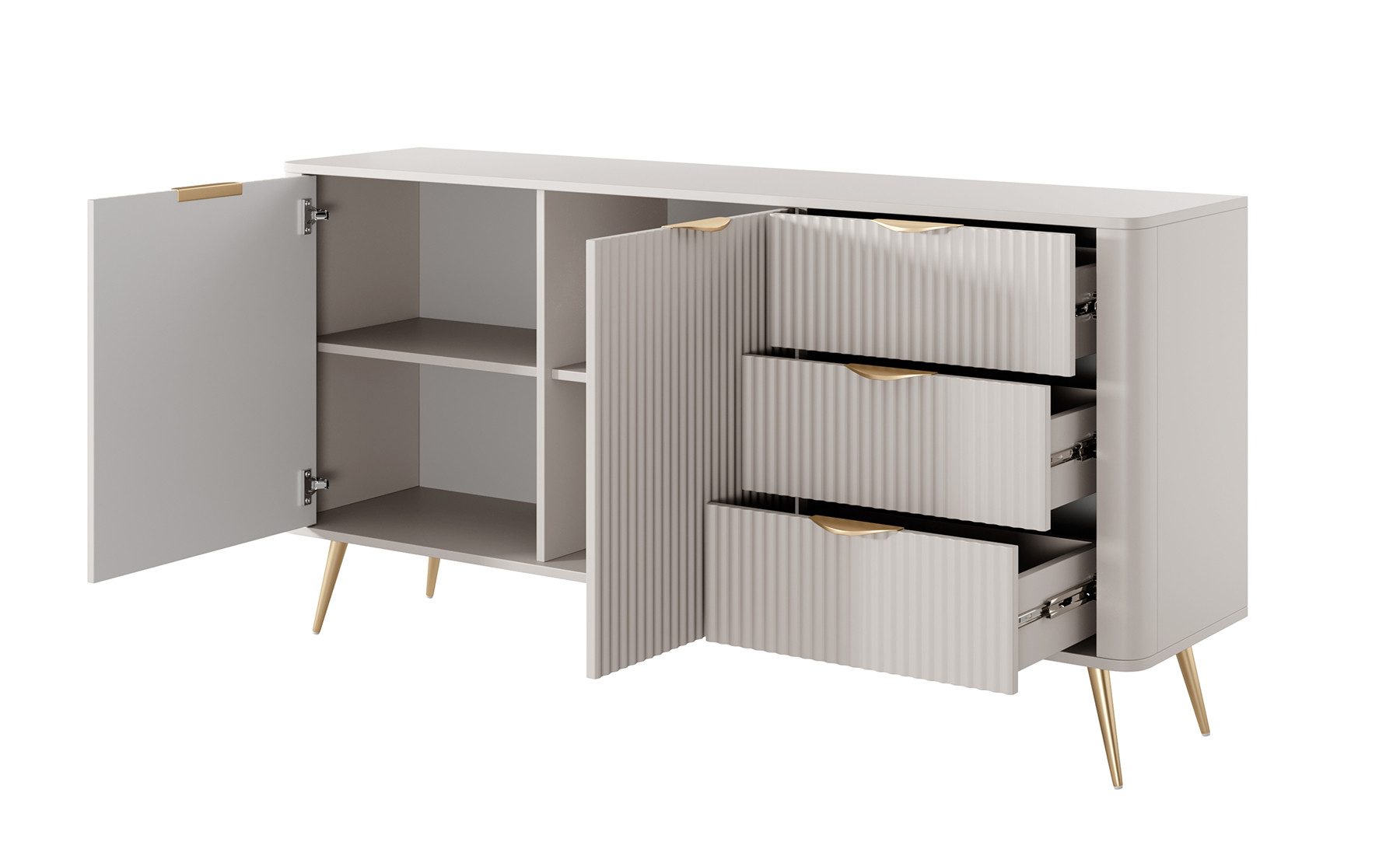 Feldmann-Wohnen Kombikommode Lante (Schubladen mit Kugelvollauszug, 2 Türen, innen je 1 Holzboden, 1 St., Metallgriffe und -füße in gold, Fronten geriffelte Wellenoptik), 163x38x81cm Farbe beige mit 2 Türen und 3 Schubladen