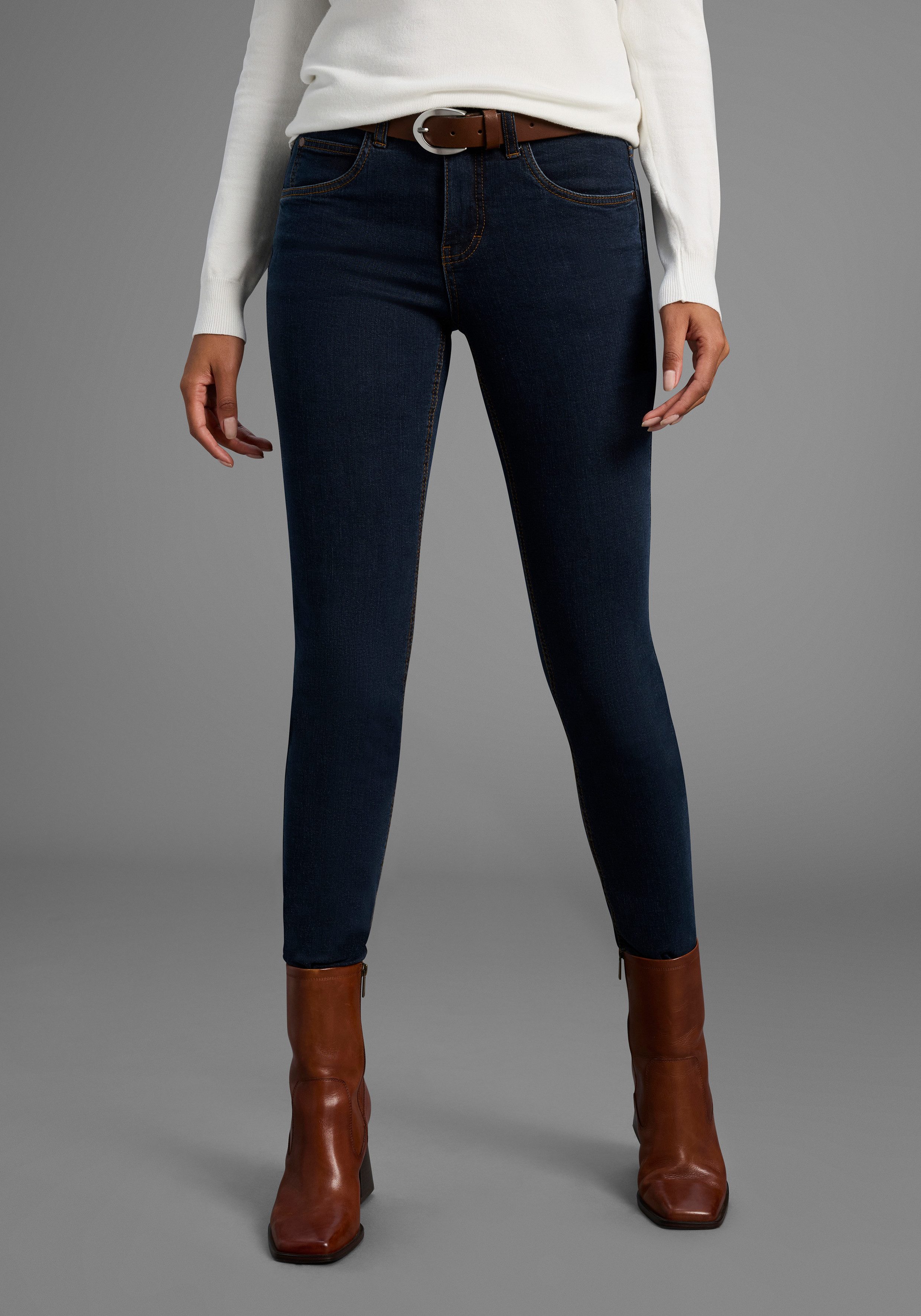 Arizona Slim-fit-Jeans Bund mit seitlichem Gummizugeinsatz schmale Passform, Röhrenjeans, Used-Waschung, hohe Leibhöhe