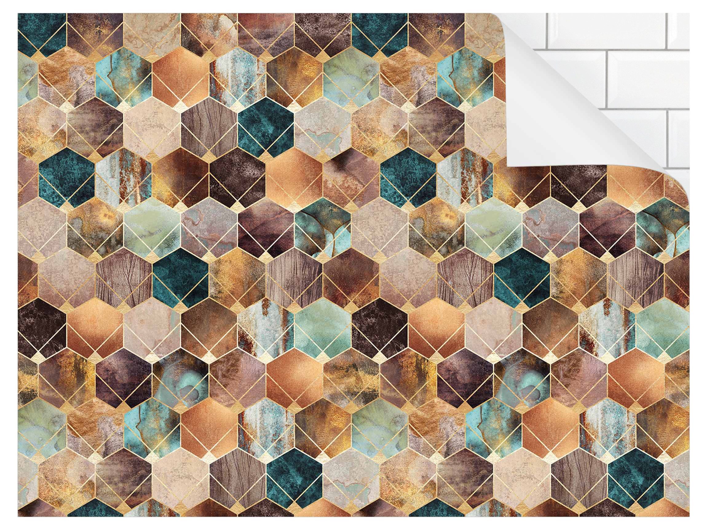 Bilderdepot24 Badrückwand gold fugenlose Wandverkleidung Bad Abstrakt, (Hartfolie matt » Selbstklebend SMART 0,35 mm), wasserfestes Wandpaneel Türkise Geometrie goldenes Art Deco II