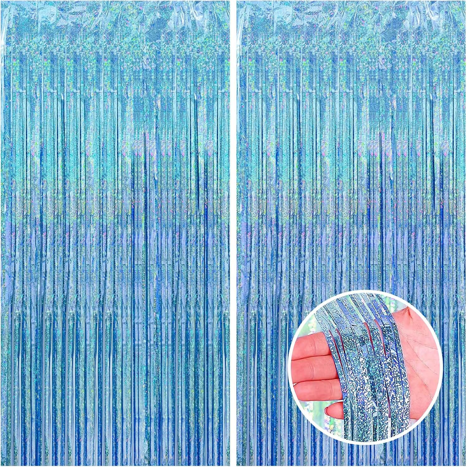 Kopper-24 Türvorhang Lametta Vorhang 2 x 1 m, Hellblau glitzernd, holographisch Party Deko, Schlaufen, Folie