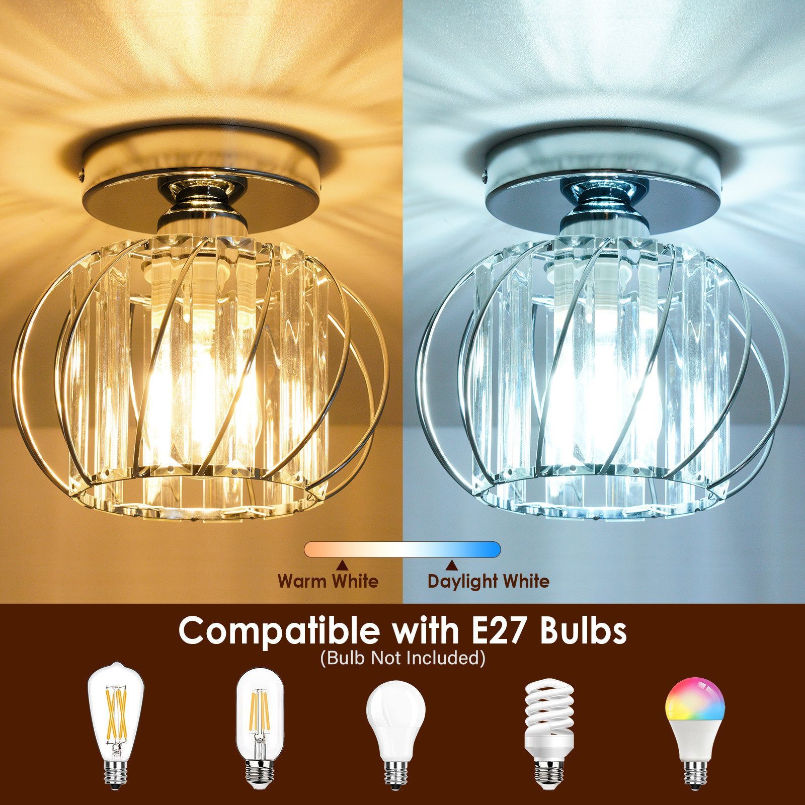 Ophy Deckenleuchte Moderne Kristall-Deckenleuchte (Mini), wechselbar: Halogen oder LED (E27), Silber, für Wohnzimmer & Flur (Deckenlampe, Glühlampe nutzbar)